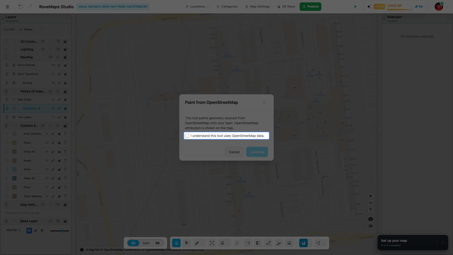 The Paint tool traces OpenStreetMap shapes — acknowledge the attribution once.