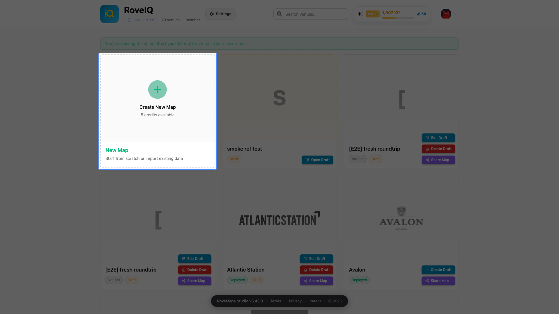 The dashboard with the Create New Map card, the start of the map-creation journey