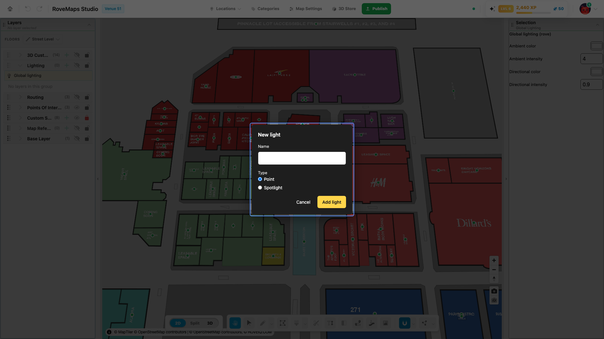 Click Add on the Lighting group header, then name the light and pick a type.