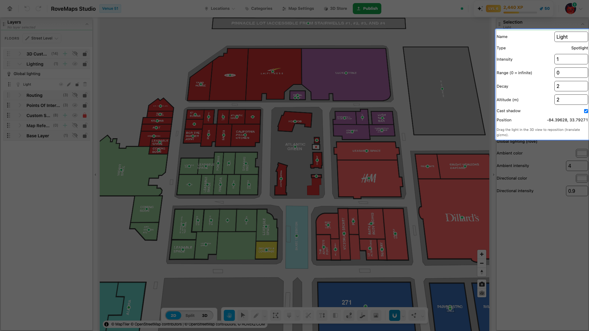 Edit intensity, range, decay, altitude, and cast shadow; drag the light in 3D to move it.