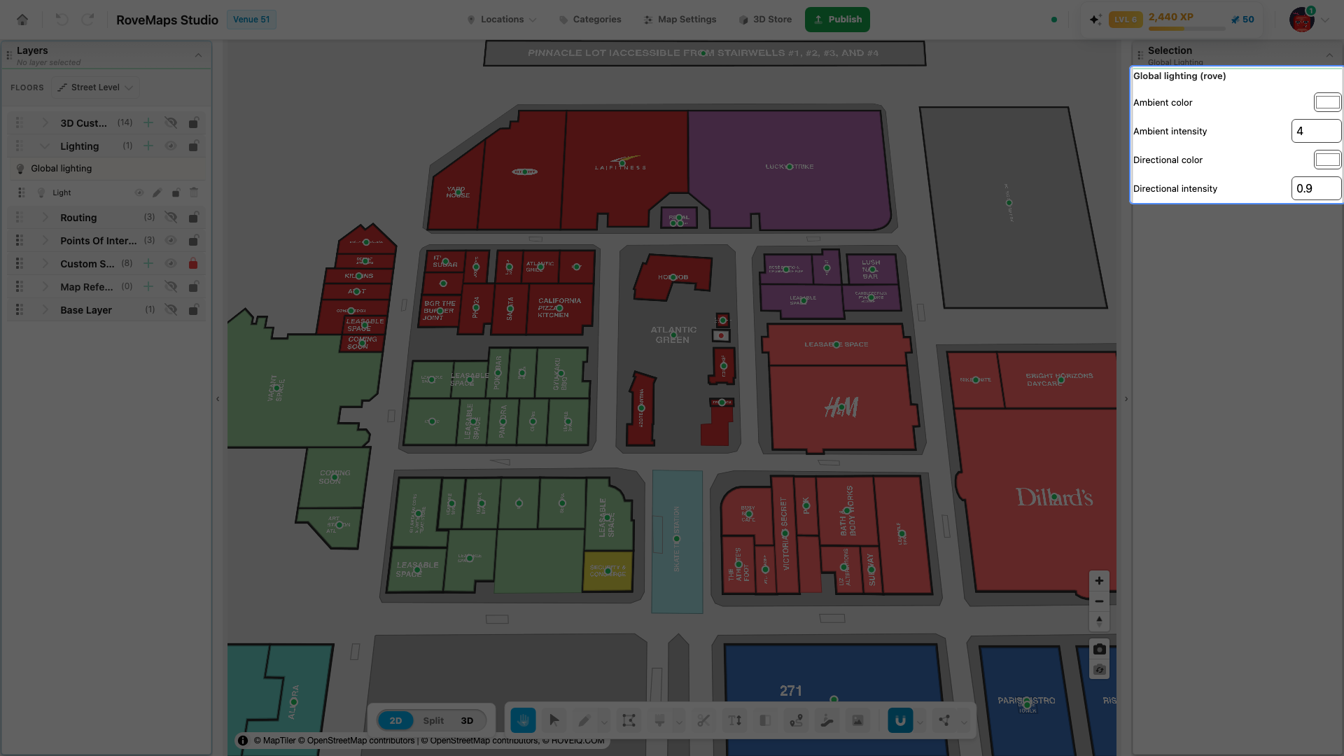 Scene lights default to a #dddddd / 4 ambient and a #ffffff / 0.9 directional light.