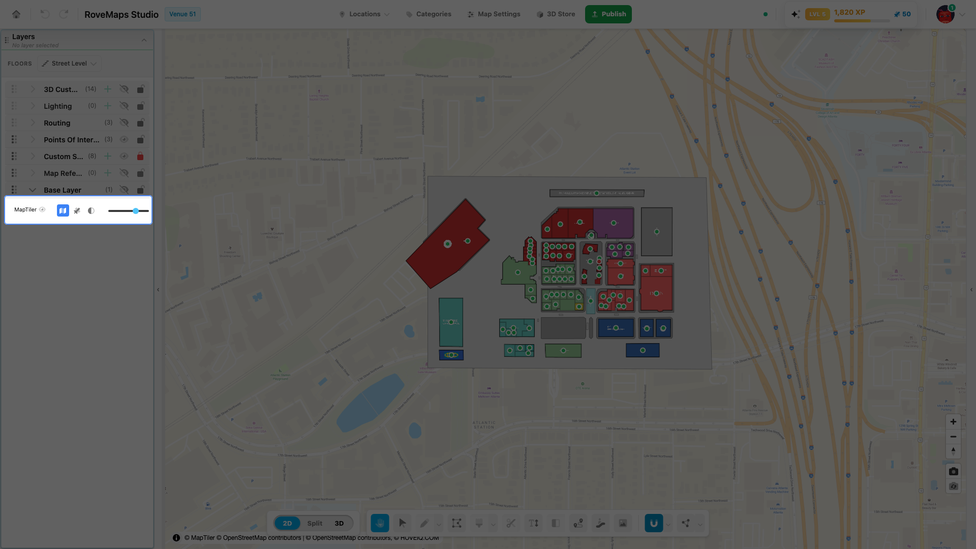 The MapTiler base layer row in the Layers panel with Default, Satellite, and Monochrome style buttons and an opacity slider