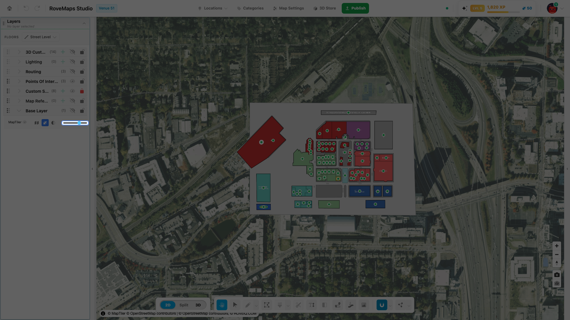 Drag the opacity slider to blend the base map with your venue — lower dims the backdrop without hiding it.