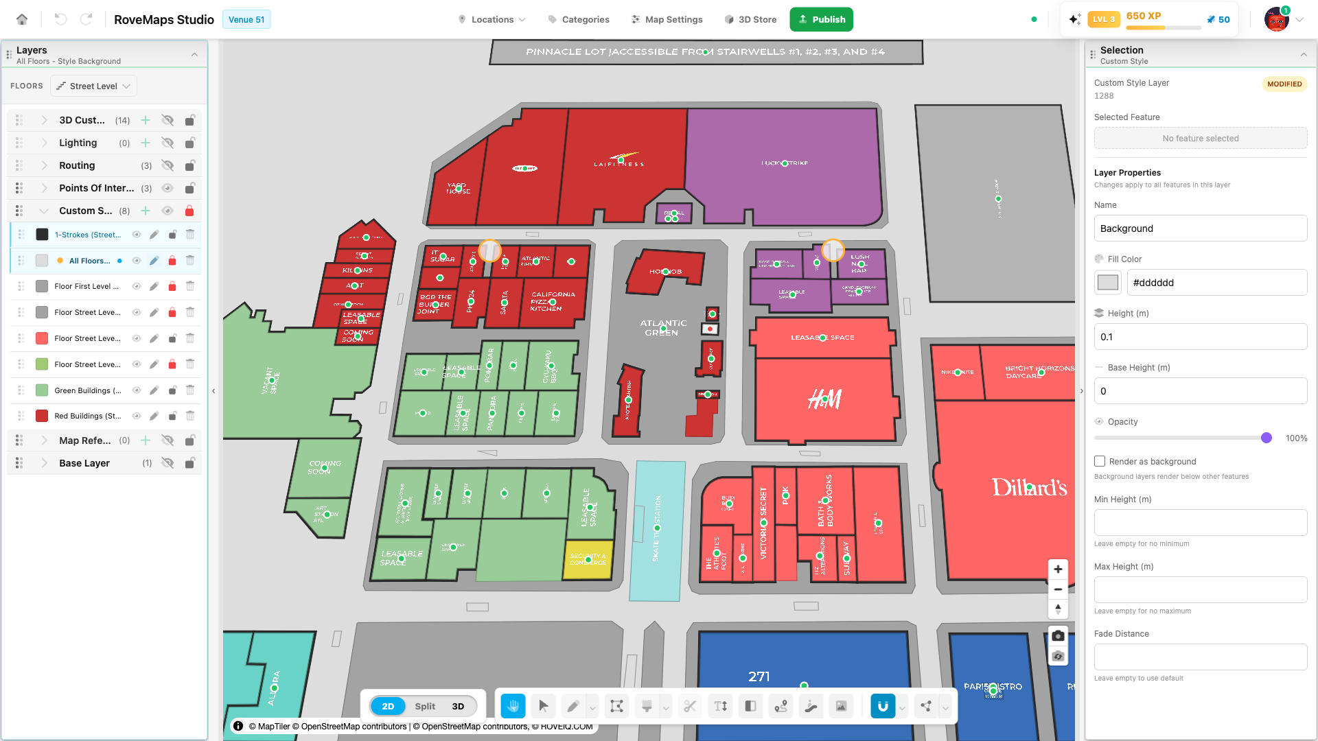 Open the Custom Style Layer panel to edit the Fill Color, height, and more.