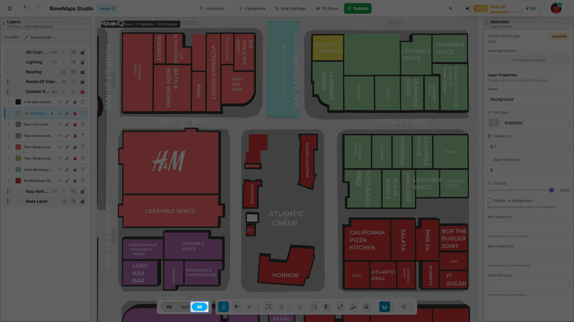 Switch to 3D to see the custom styles extruded by their height in rove-js.