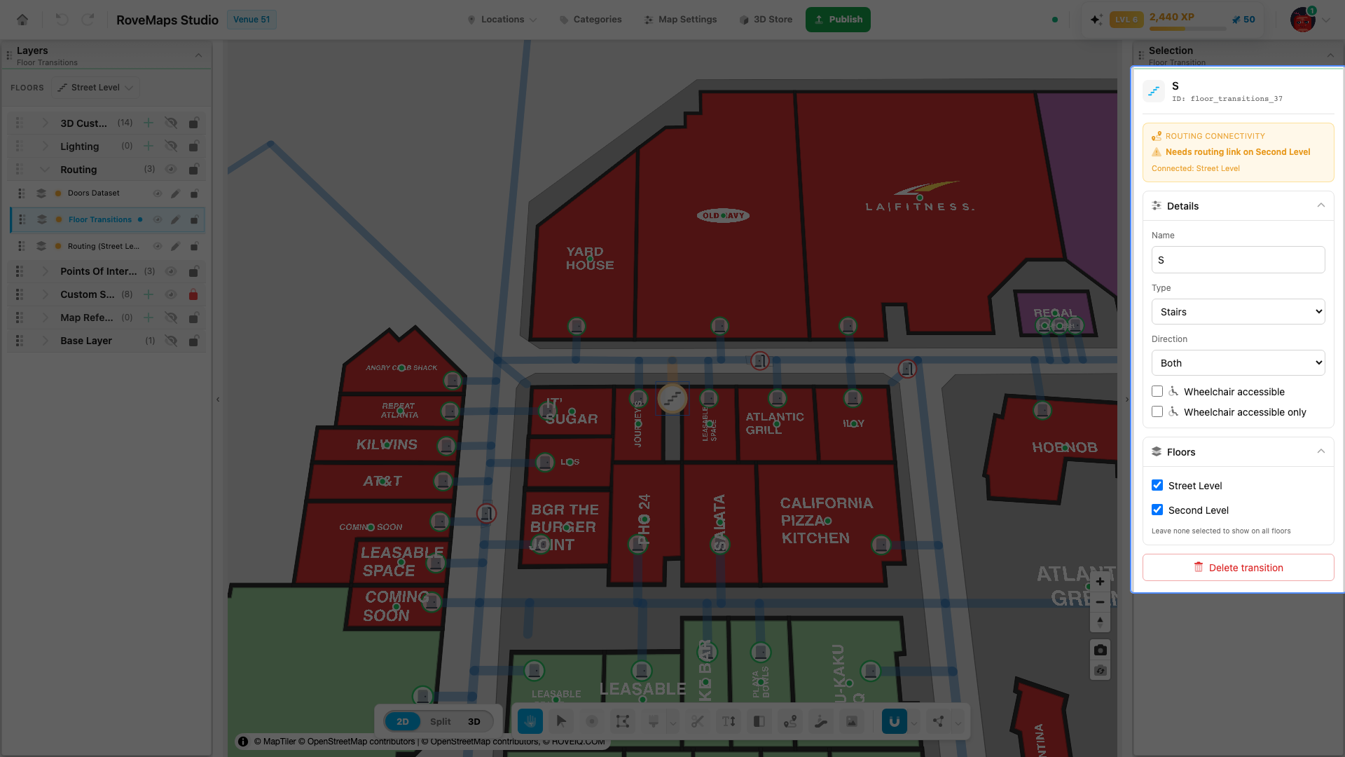 Click a transition to open its panel — edit its type, direction, accessibility, and floors.