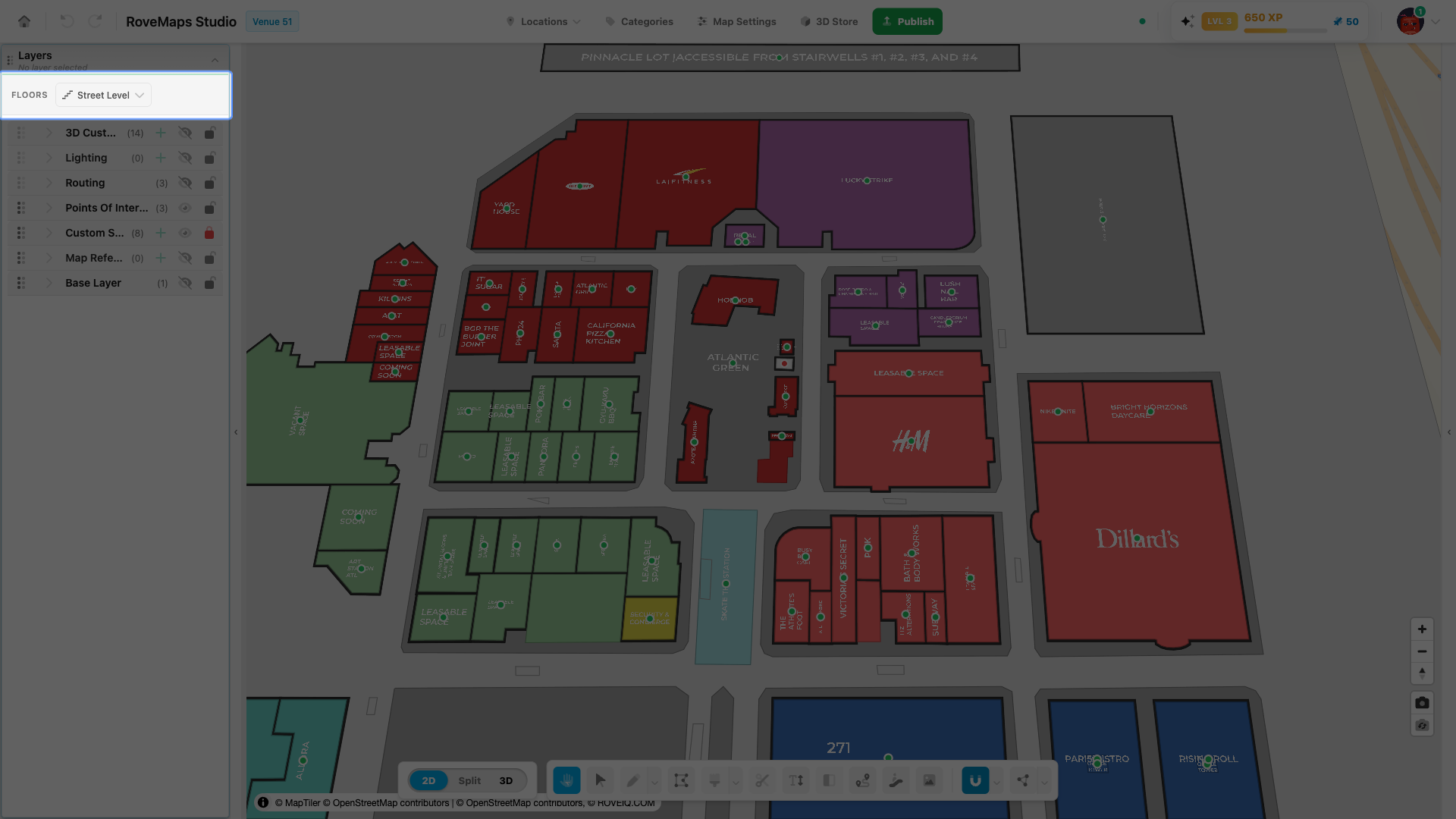 The Floors strip and floor switcher dropdown in the Layers panel