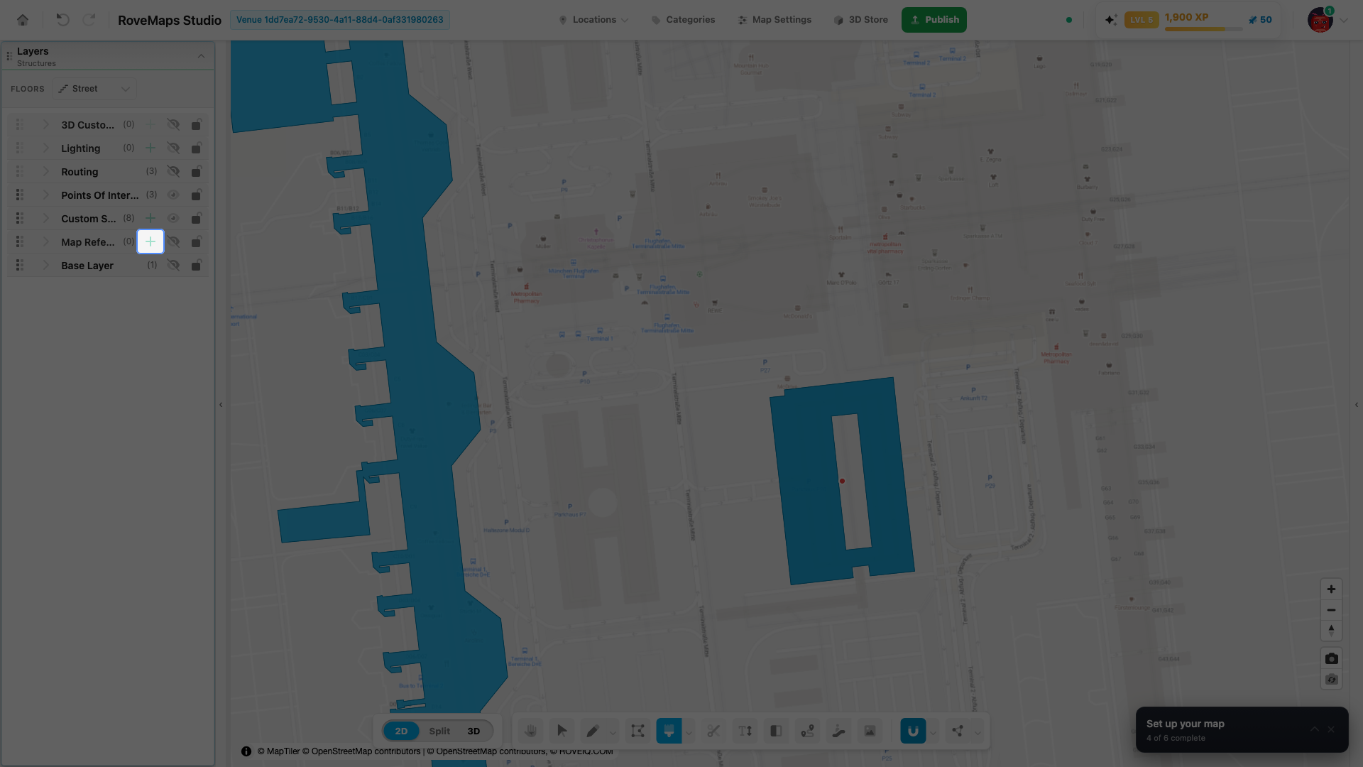 A venue with an uploaded floor-plan reference and traced polygons over it