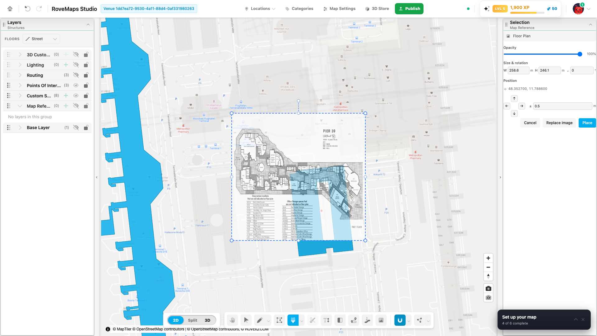 The image opens directly on the map with corner, middle-edge, and rotation handles. Drag inside it to move the whole image.
