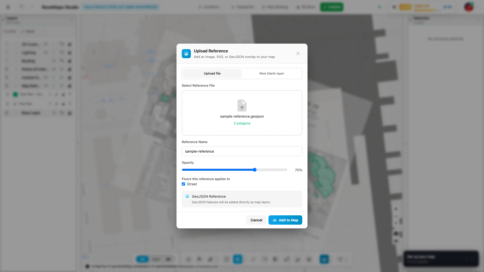 Pick a .geojson file, then Add to Map to overlay it as a reference.