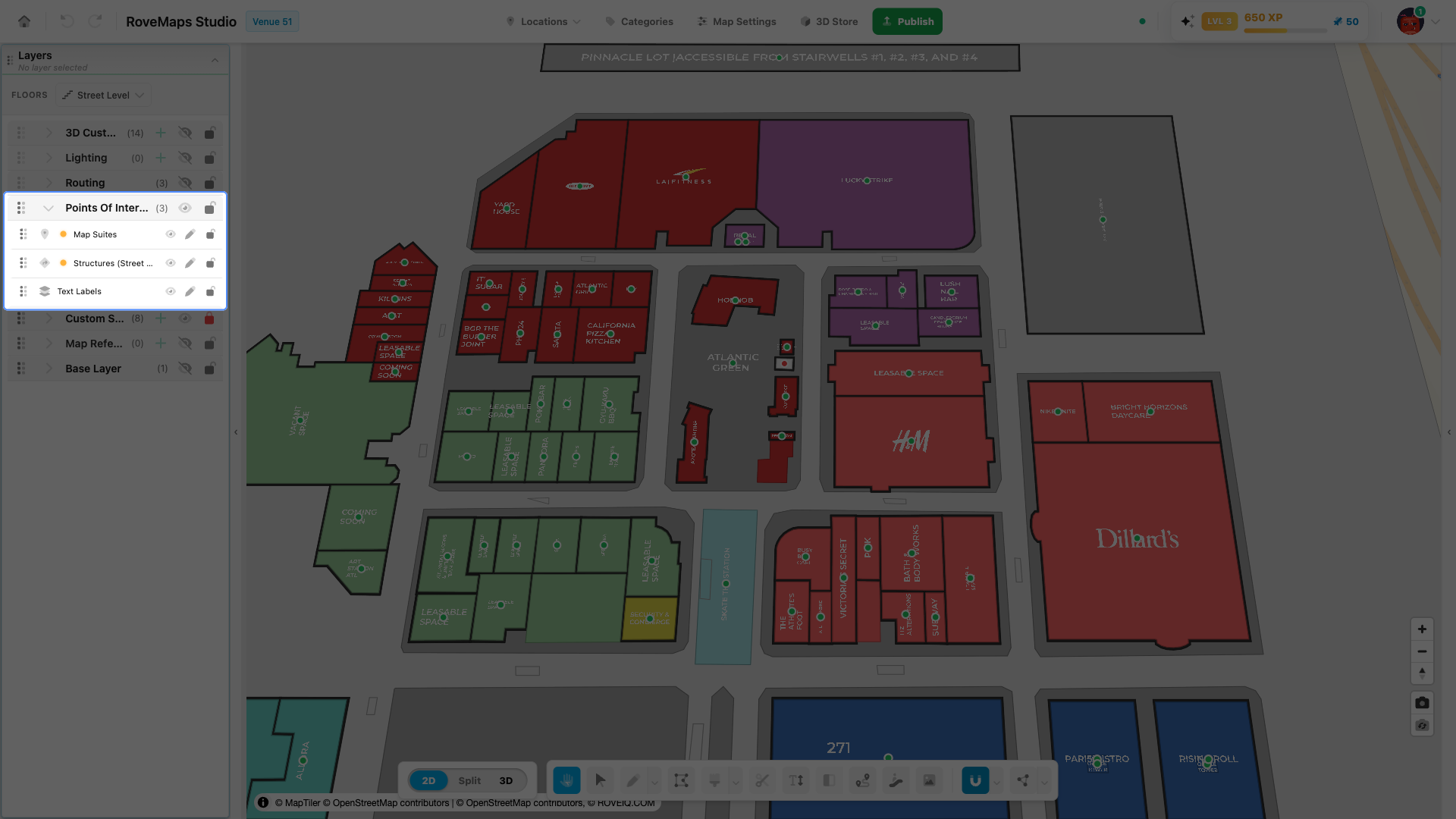 A selected structure on the map with its label and the structure panel open