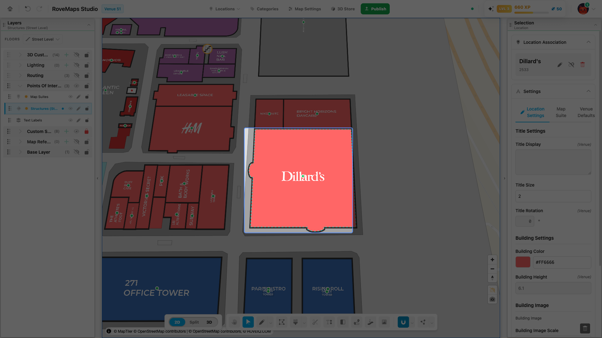 Click a structure with Select — it takes the dashed outline and its panel opens in the right drawer.