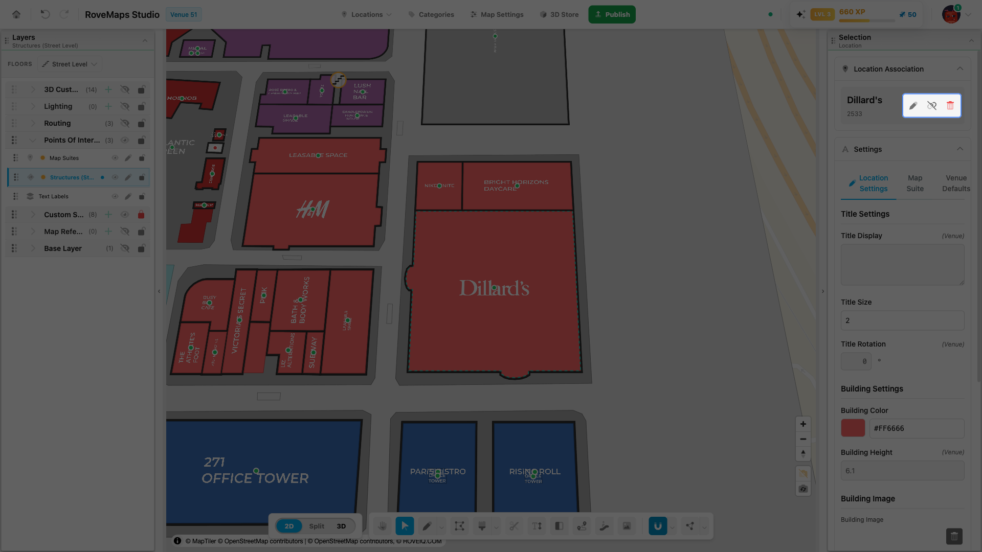 A linked structure shows its location with edit, unlink, and delete actions.