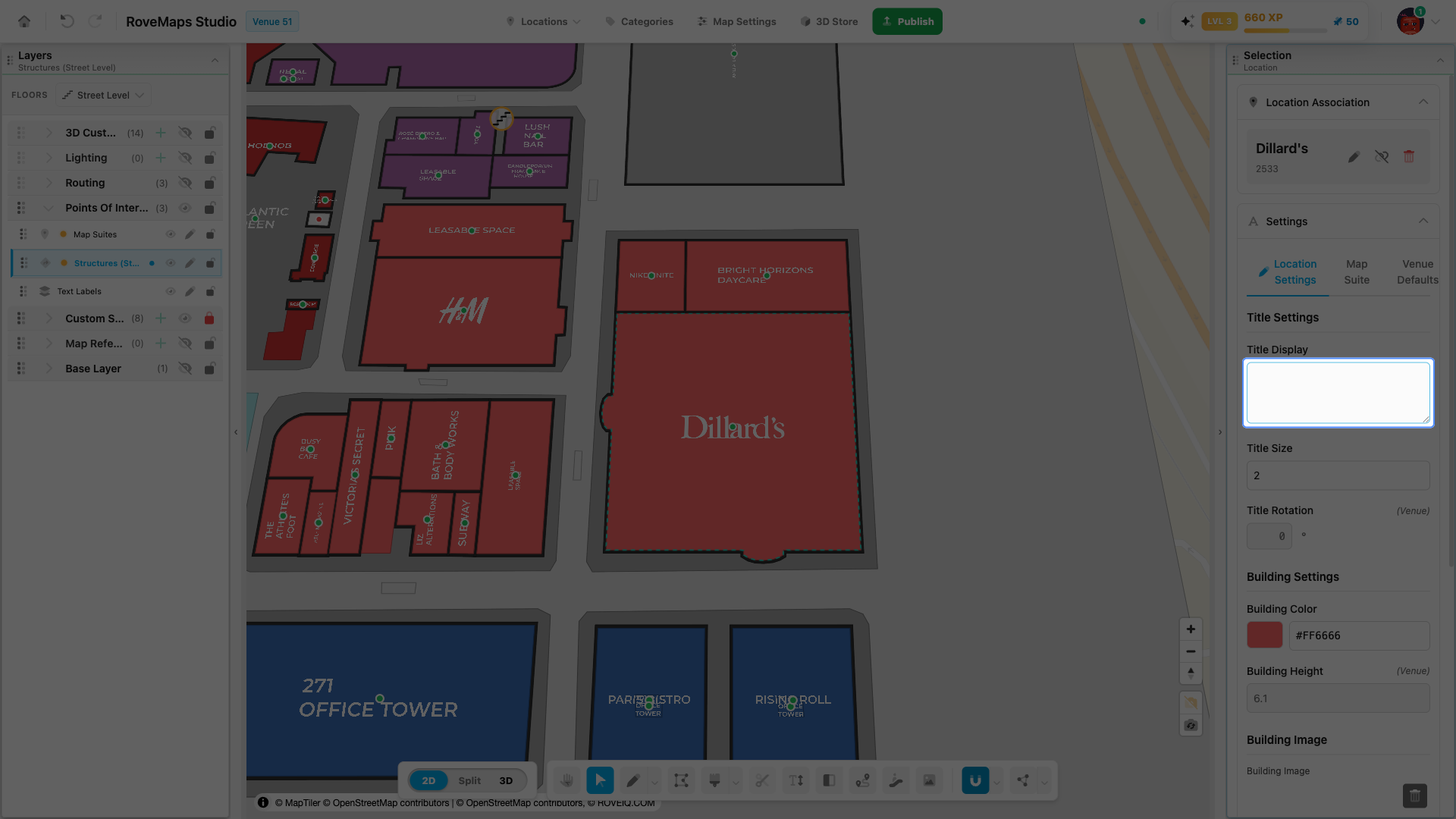 Edit Title Display under Settings — the label on the map updates live.