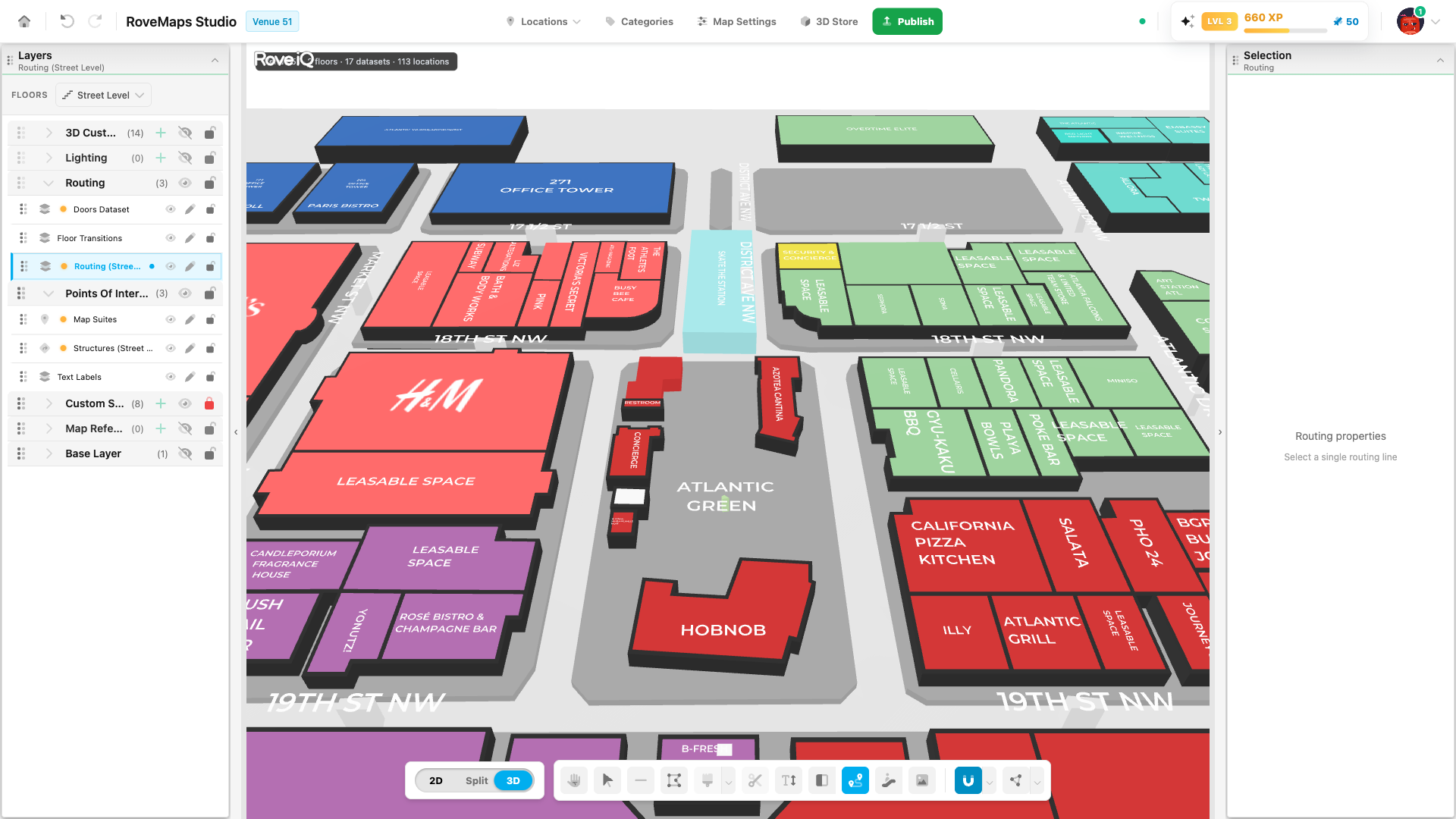 Switch to 3D to see structures extruded with their building height and color.