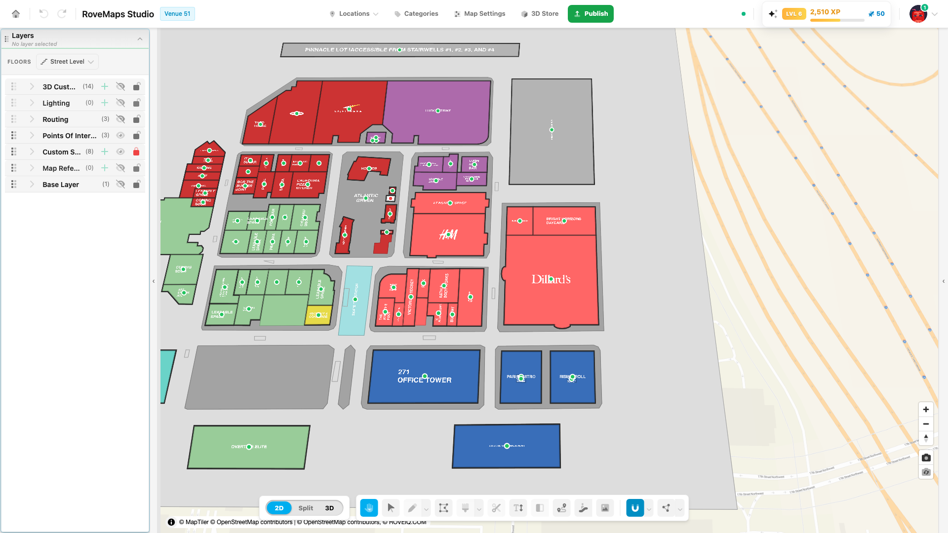 A mall structure on the map with its map-suite label and a small handle dot at its center