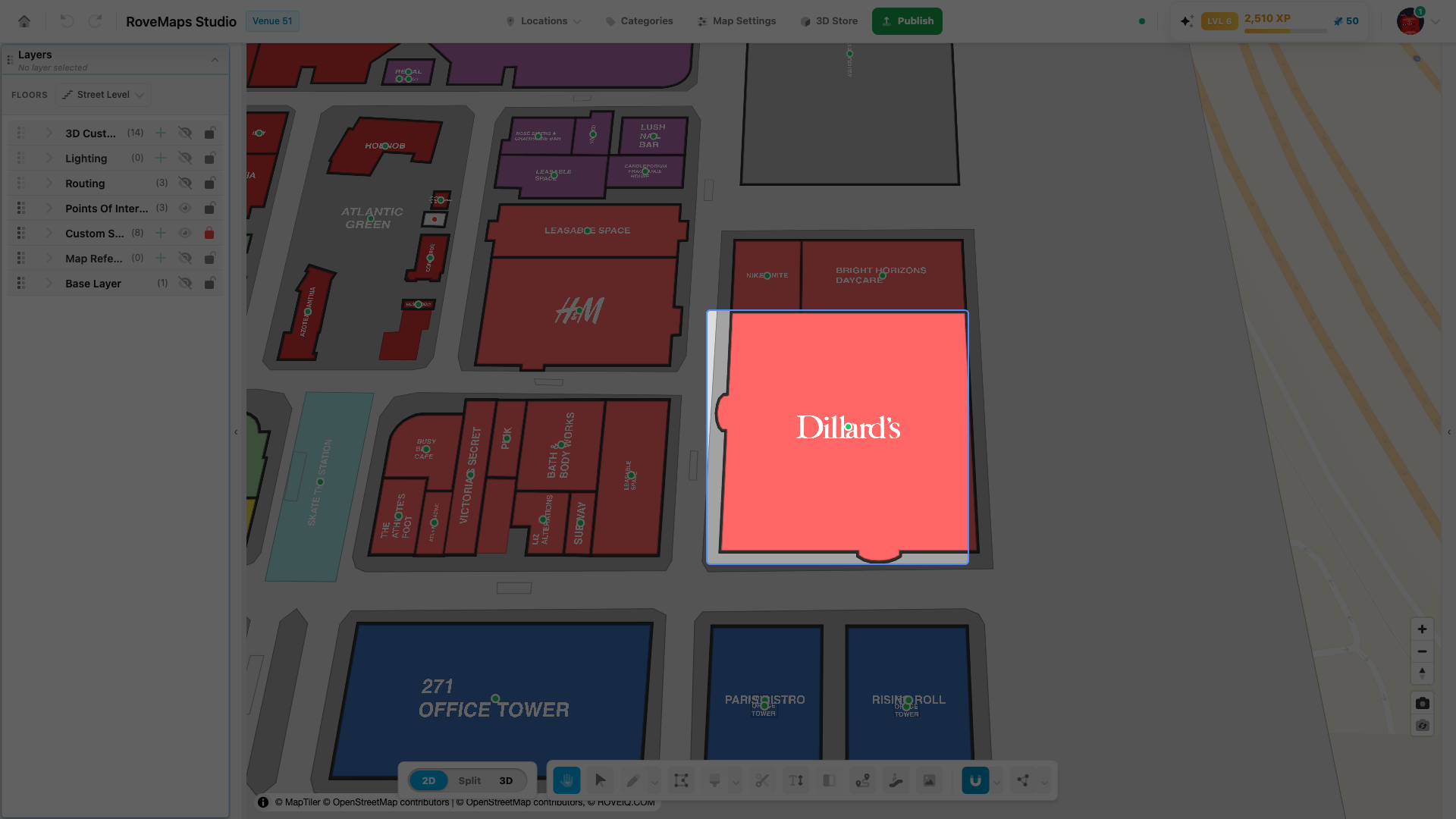 The structure owns the footprint; its companion map suite carries the title label and the handle dot at the centroid.