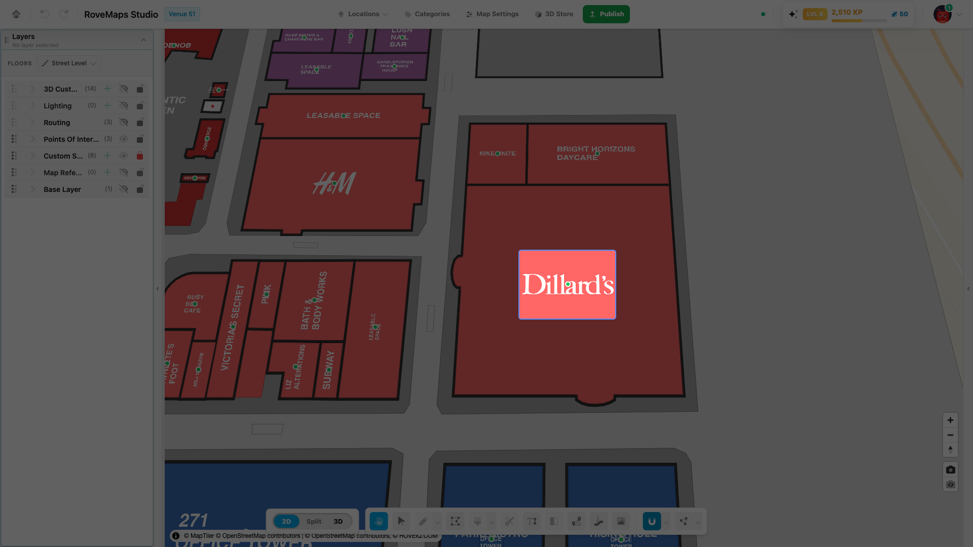 A green handle dot means the suite has an activated location, so its label content is shown.