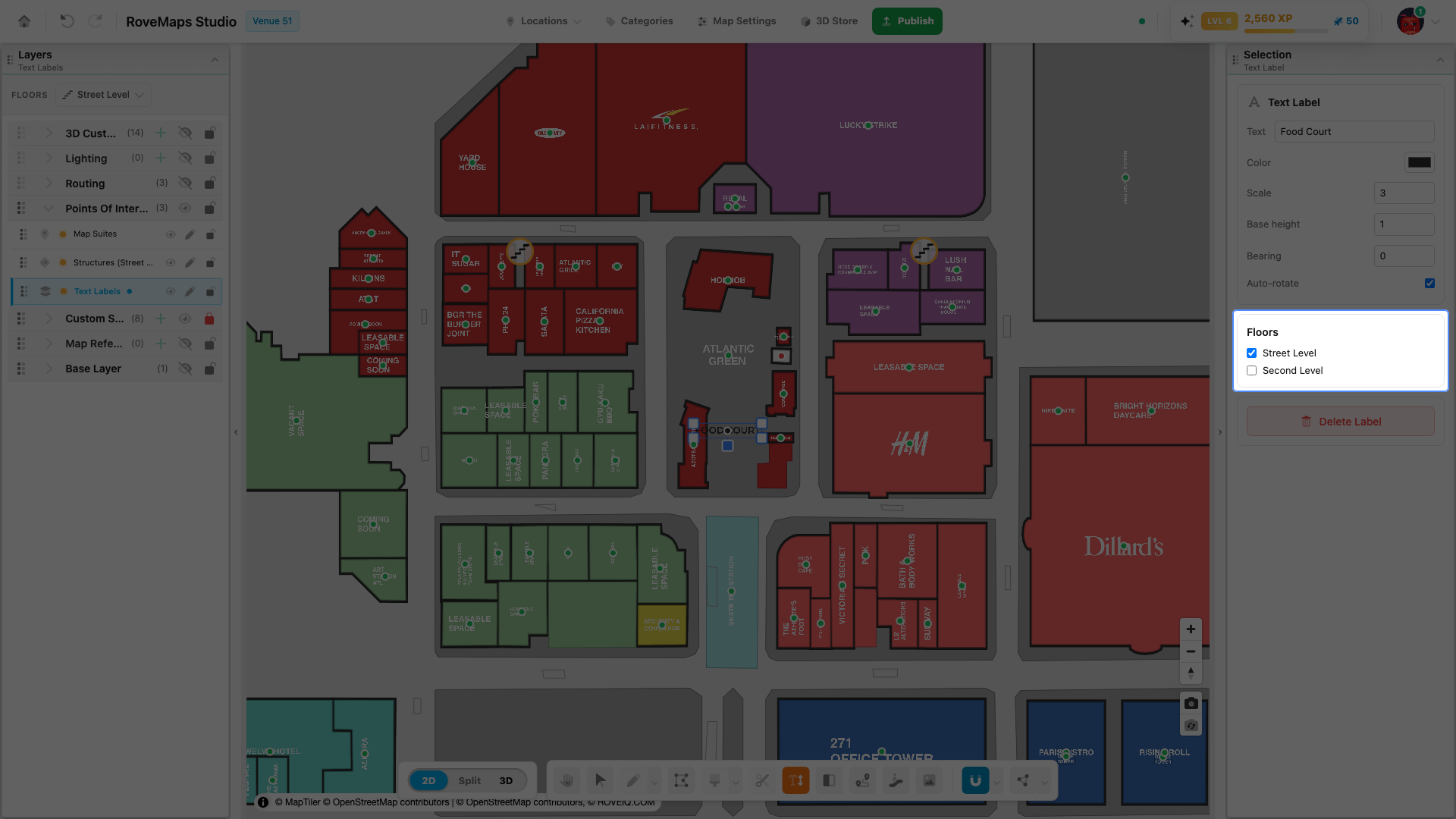 Assign a label to floors in its panel — it shows only when the active floor filter includes one of them.