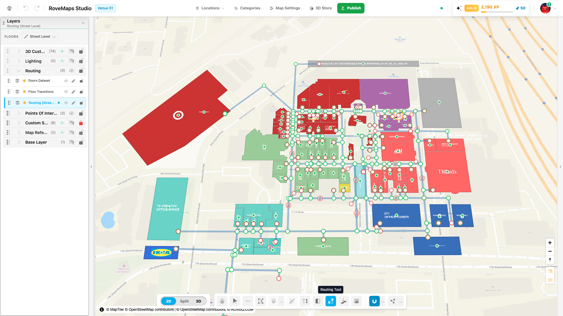 A finished routing network over the venue with connected lines, nodes, and structures with doors