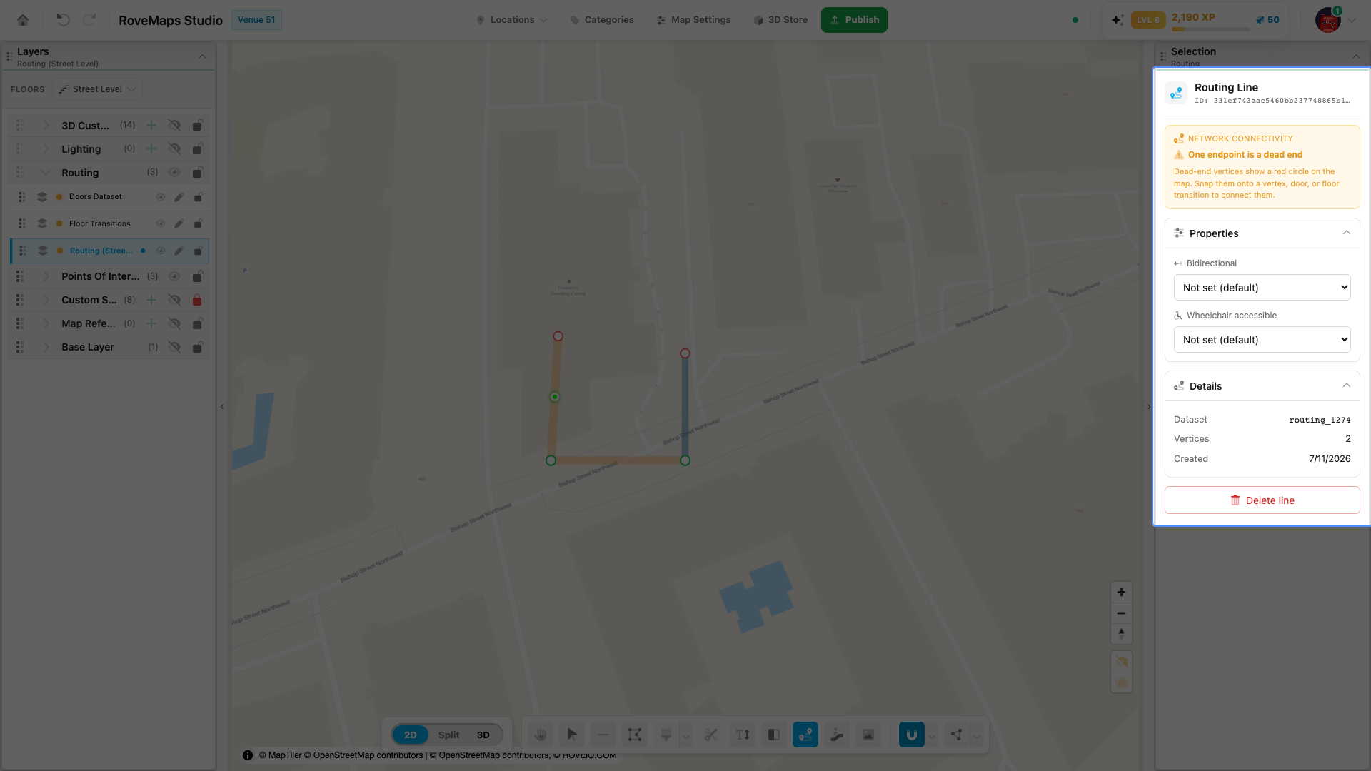 Left-click a routing line to select it. The Selection panel shows its network connectivity, editable direction/accessibility, and details.