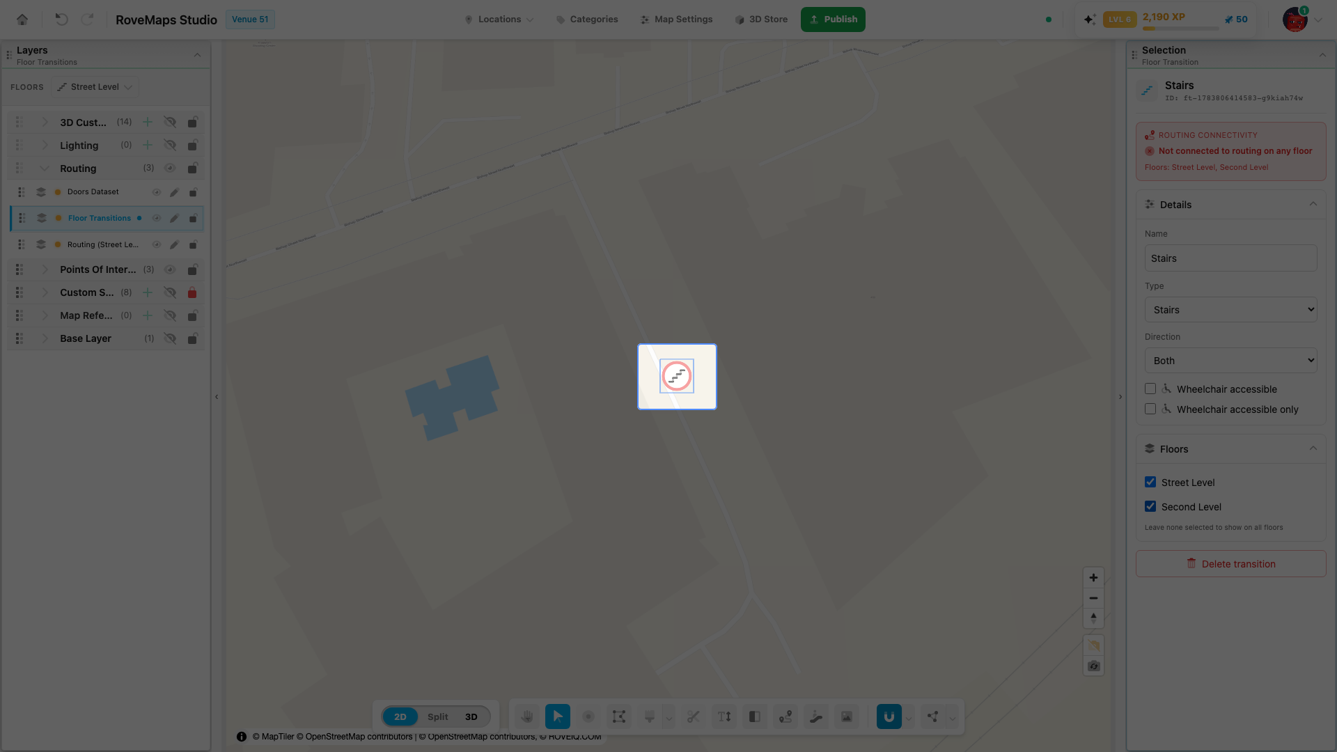 Red — floors are assigned but routing is not connected on any of them. The panel agrees: not connected to routing on any floor.