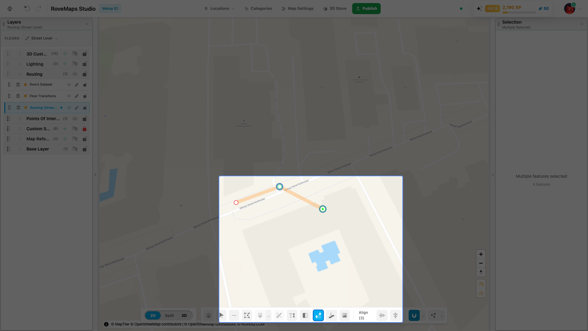 Hold Shift and click the nodes you want to align — the horizontal and vertical align tools appear in the toolbar.