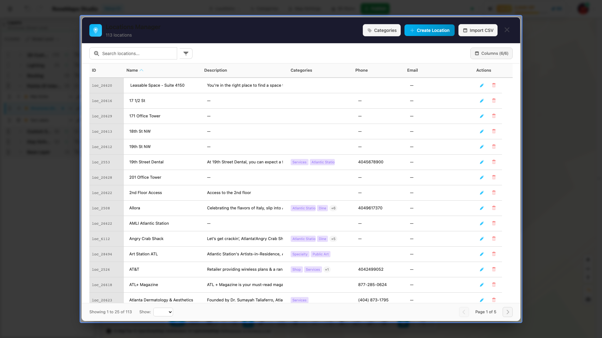 The Locations Manager table with search, category filter, and per-row actions