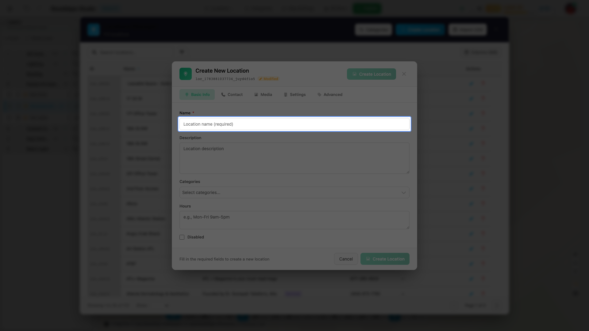 Create Location opens the dialog - Name is required; the button stays disabled until it has a value.