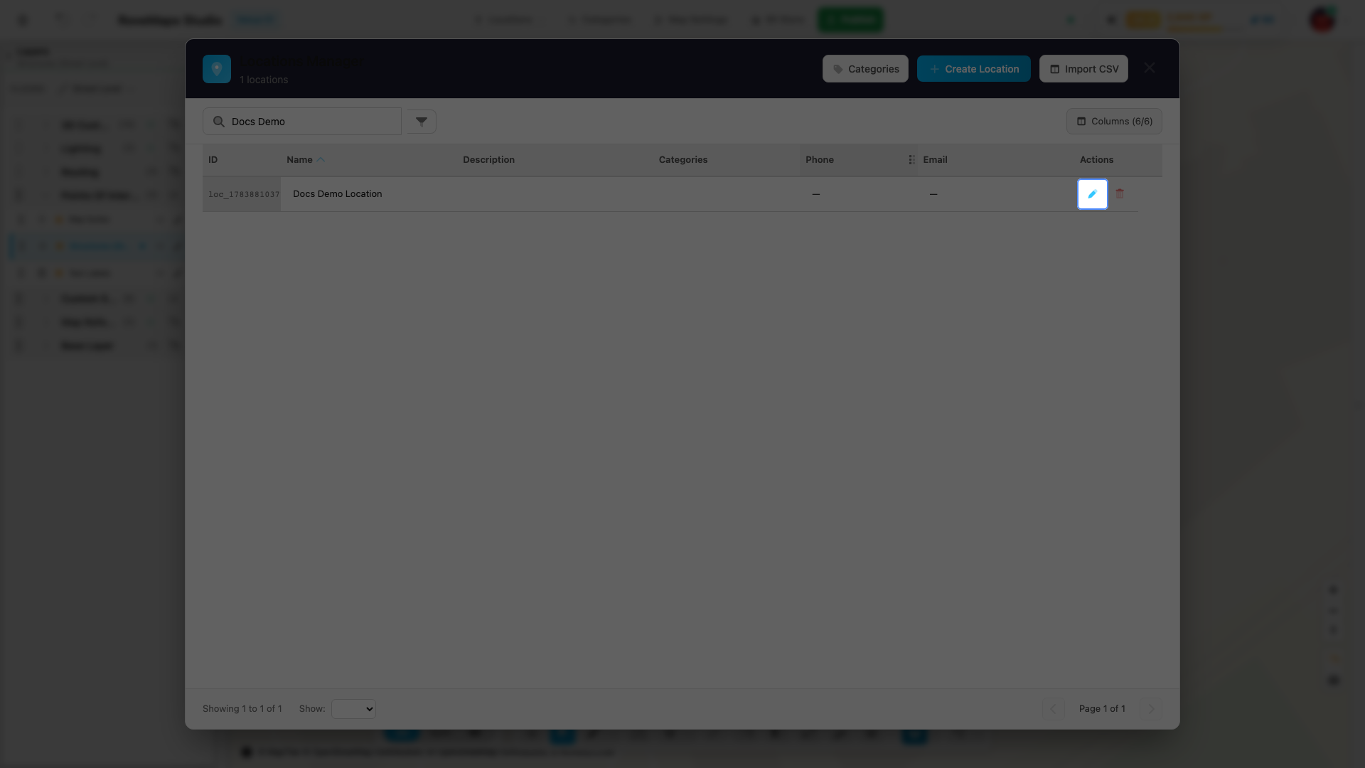 Search narrows the table; the pencil action opens the edit dialog.