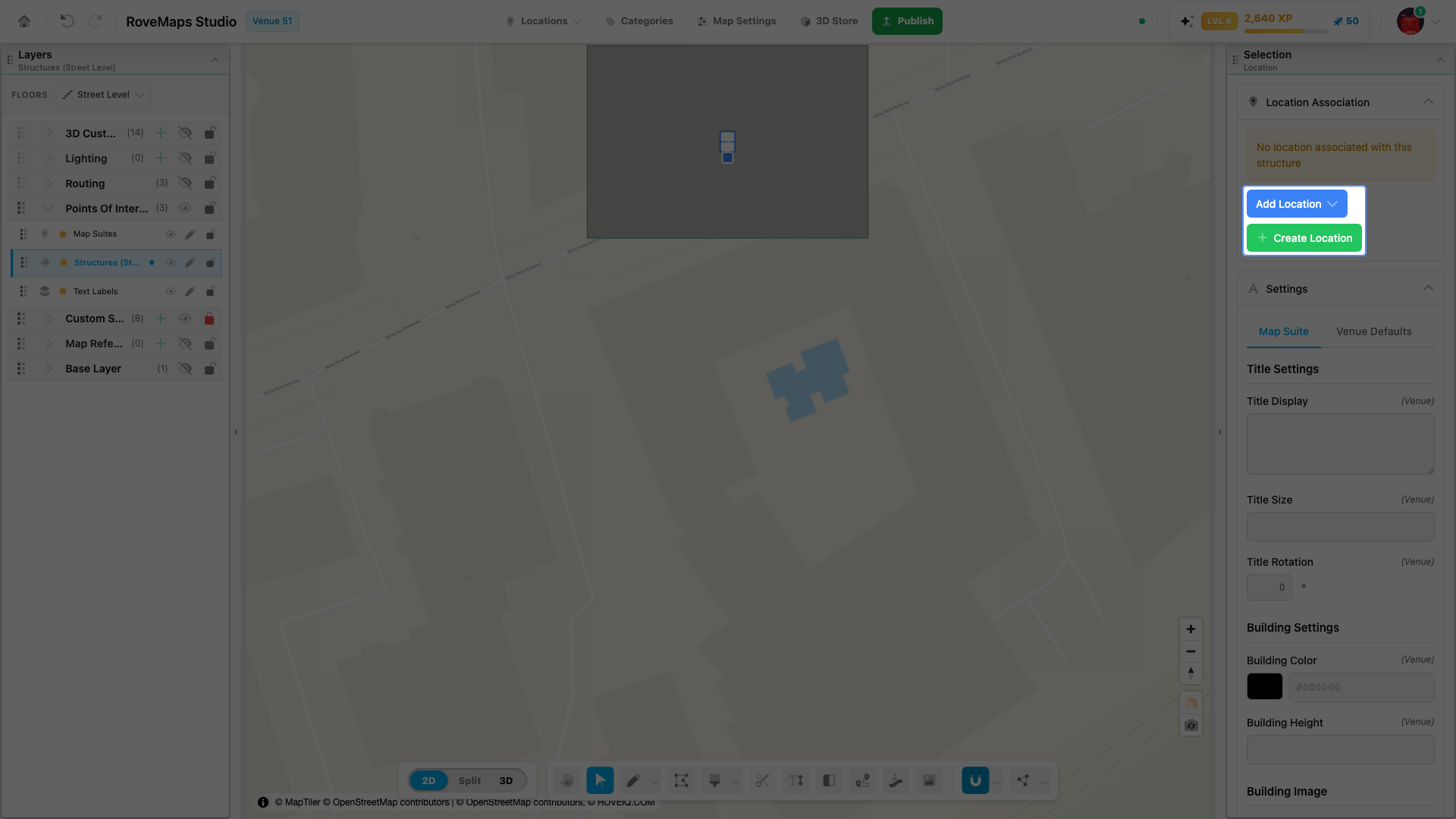 An unlinked structure offers Add Location (pick an existing record) or Create Location (make and link in one step).