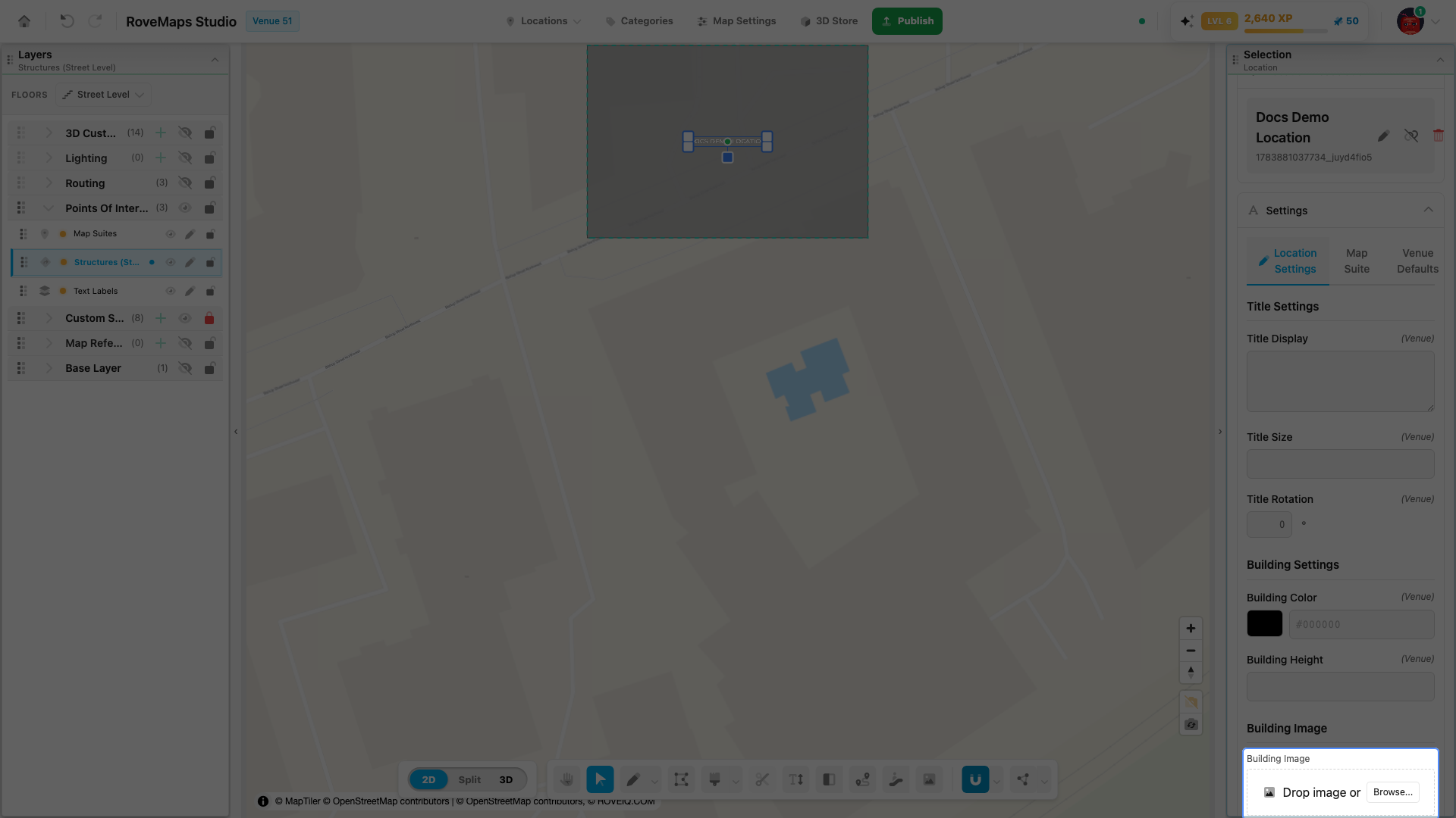 Drop an image or Browse - the logo renders on the building in the 3D view; Scale sizes it.