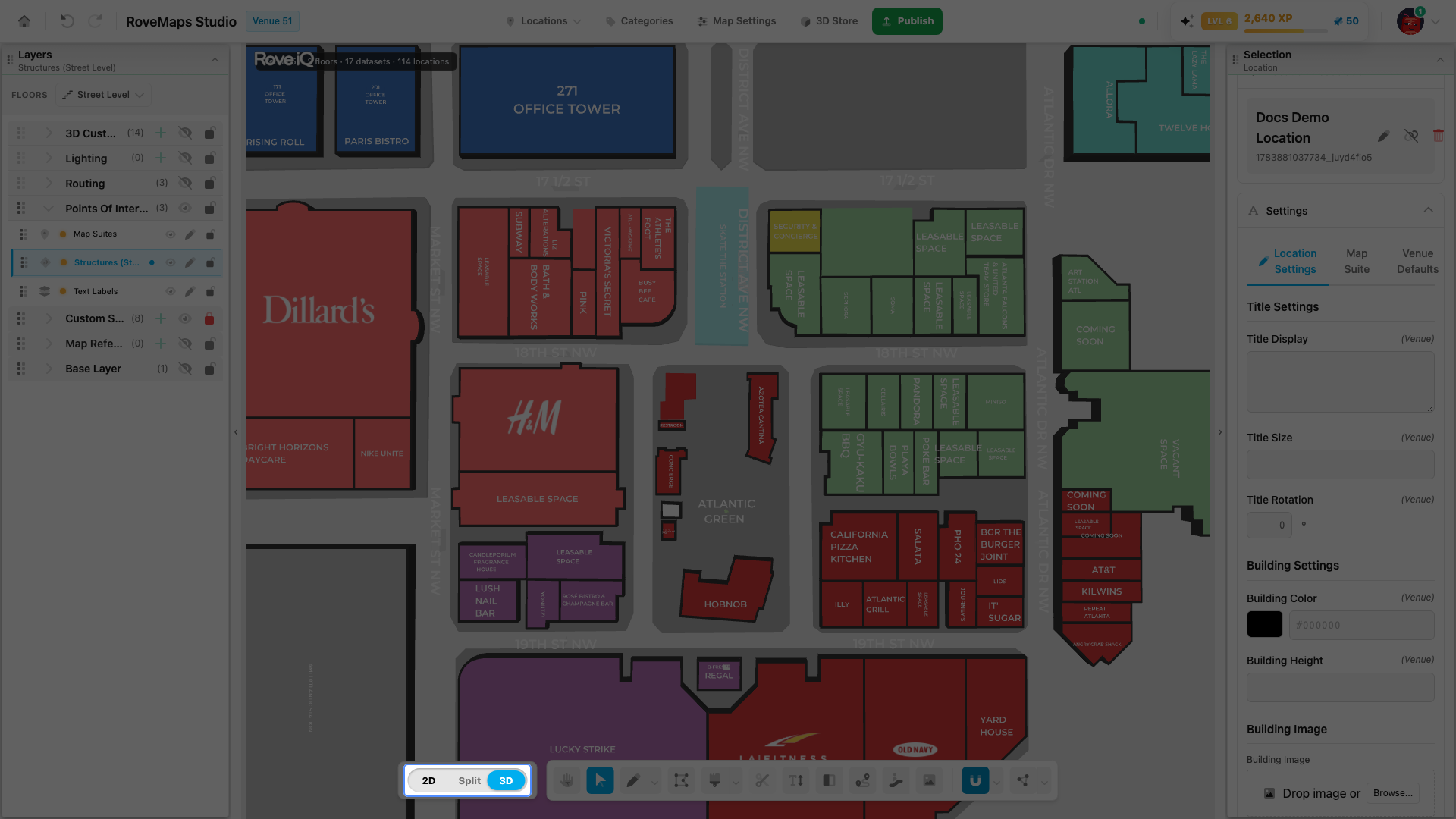 The 3D view renders each linked structure with its location title, color, and building image - straight from your draft.