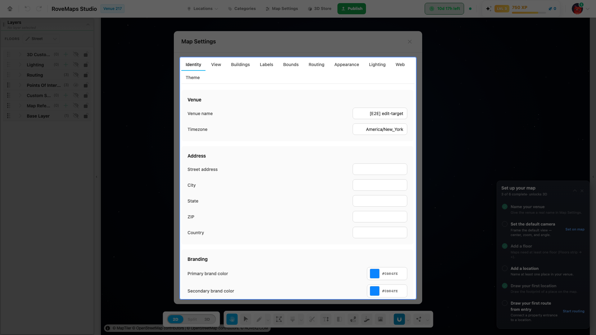 Map Settings open on the Identity tab