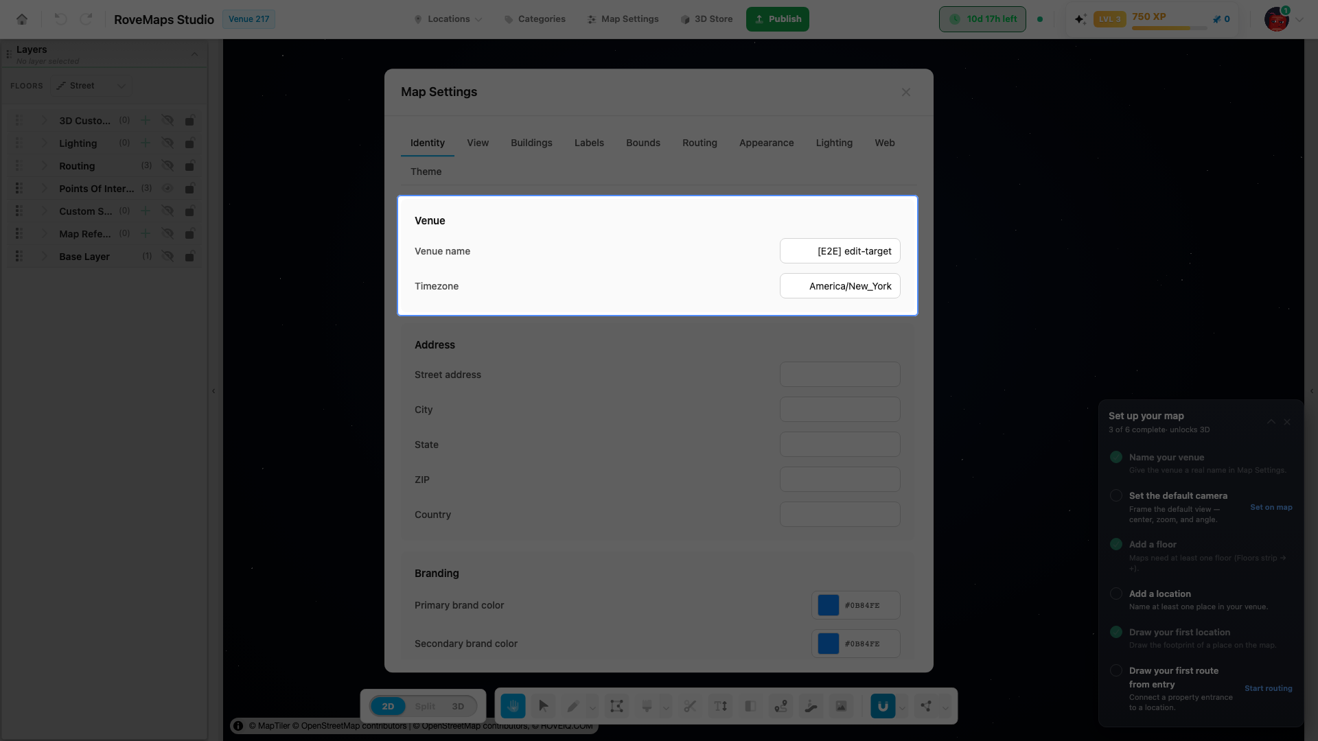 Identity stores the venue name and timezone; scroll for address and brand colors.
