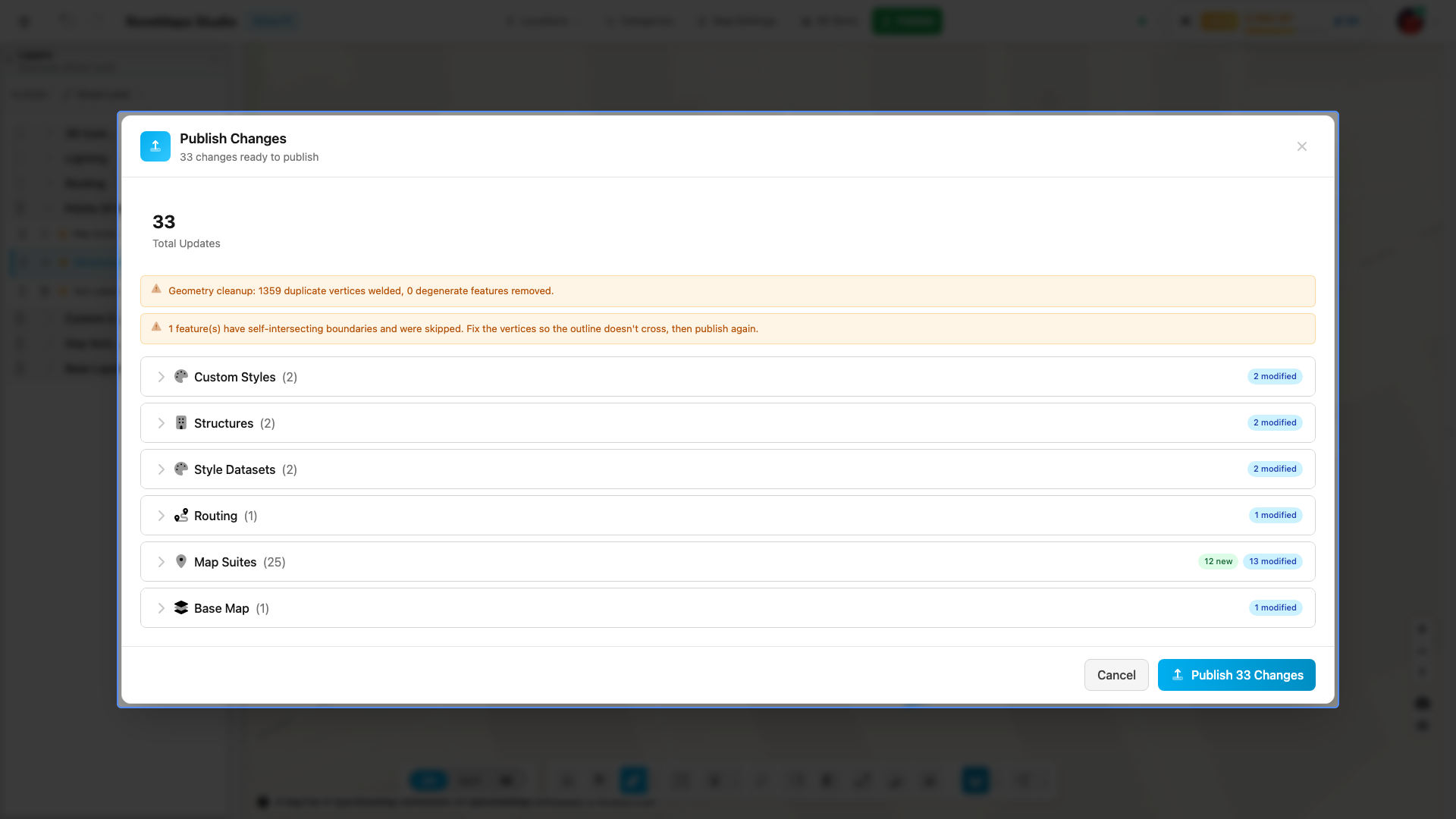 The preview groups every pending change by type and labels each new, modified, or deleted. Review it, then publish.