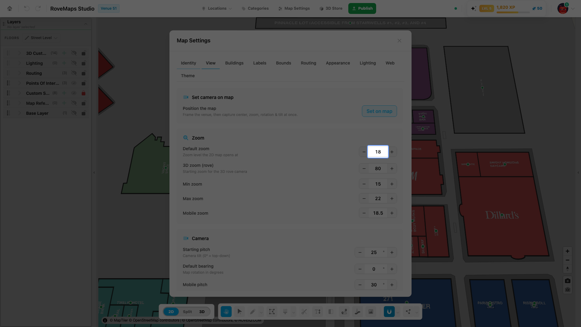 Default zoom on the View tab sets the zoom the 2D map opens at.