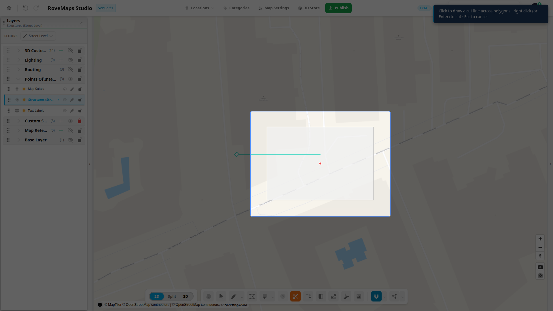 A line that stops inside a polygon (or crosses only one edge) does not divide it. Right-click here reports "Cut must completely cross a polygon" and changes nothing.
