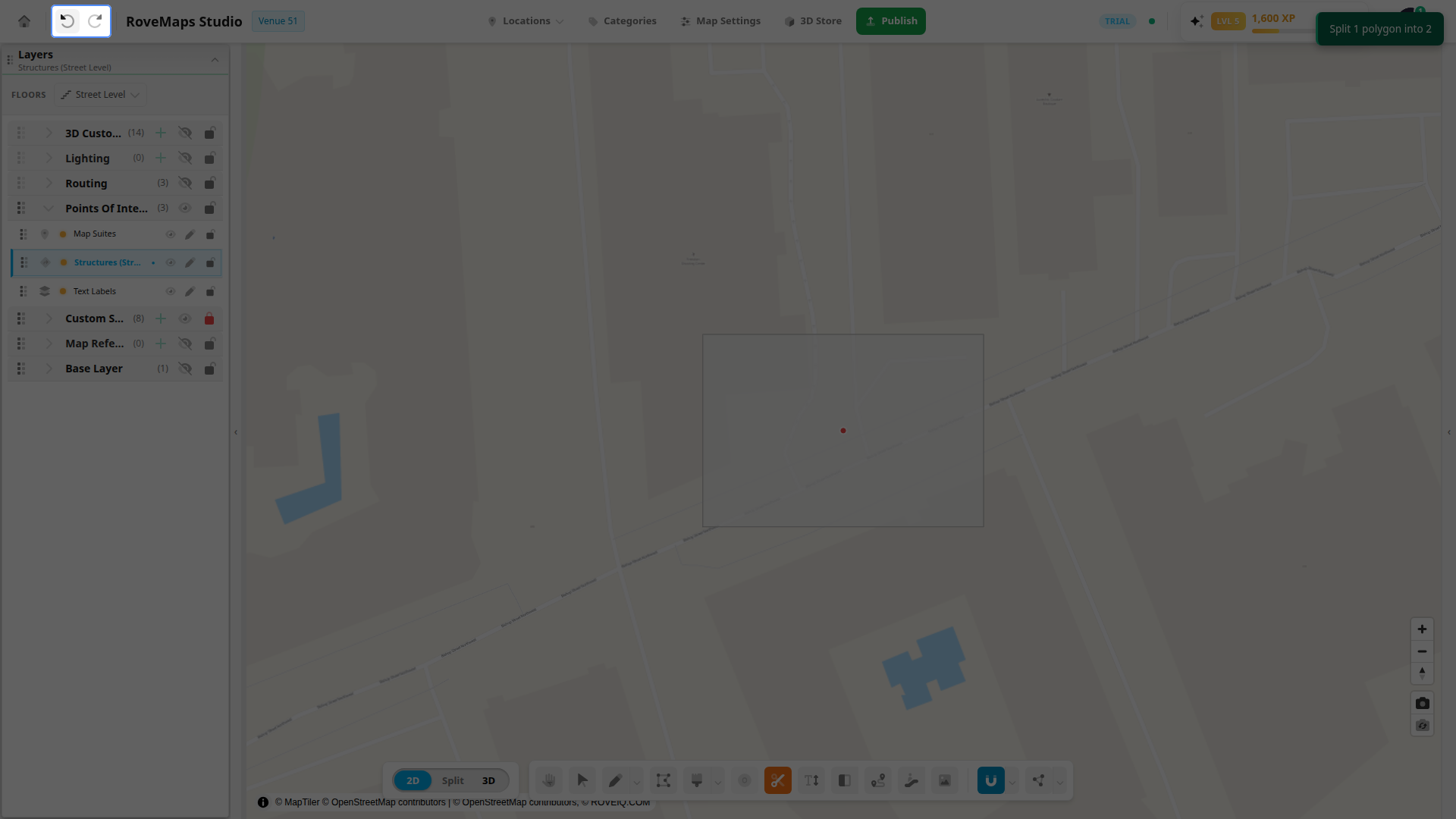 Undo (Ctrl+Z, Cmd+Z, or the header button) restores the original polygon and its suite and door in a single step; the pieces disappear together.