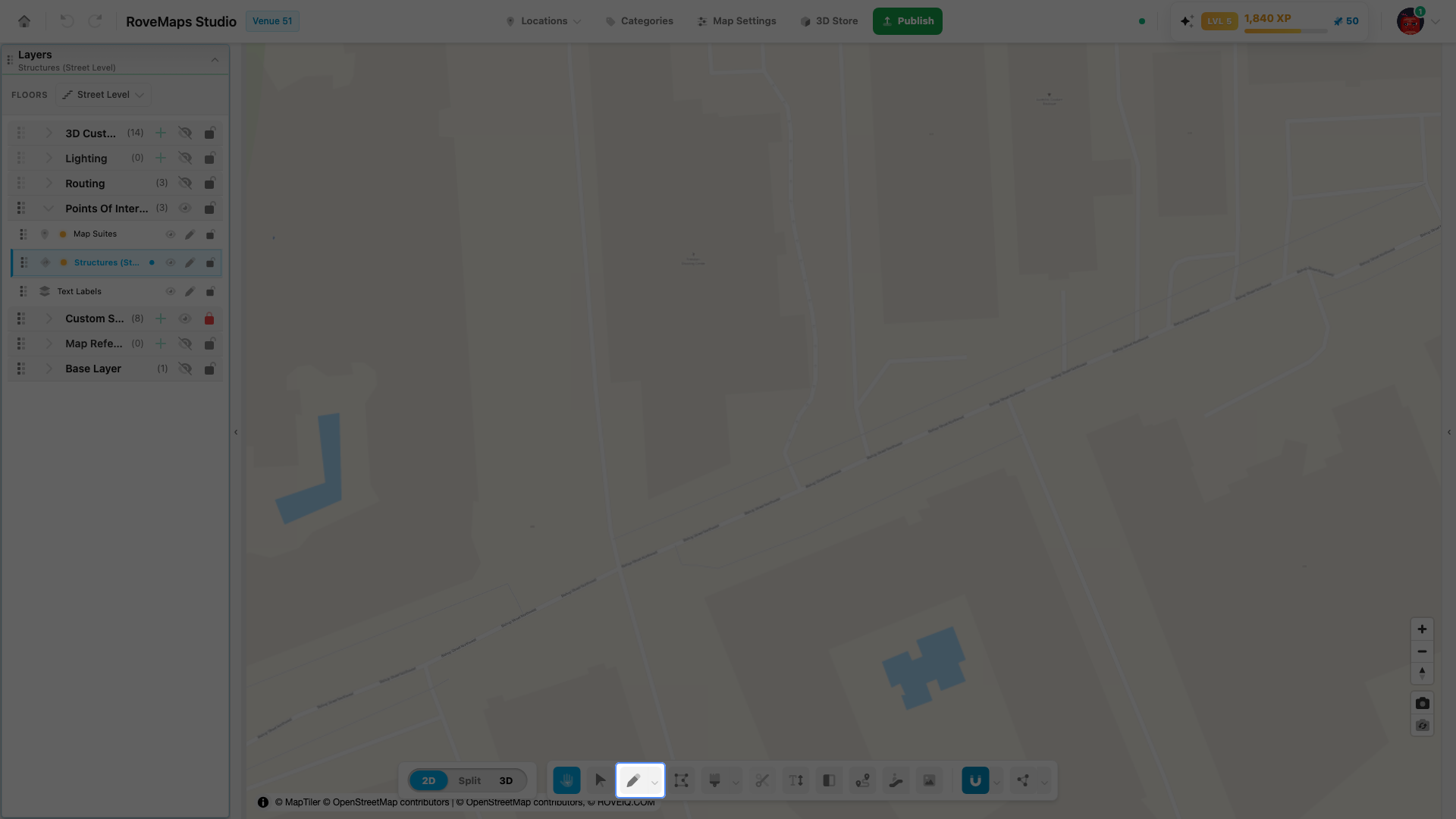 The Draw tool button with its sub-tool menu (Freehand, Square, Circle) open in the toolbar