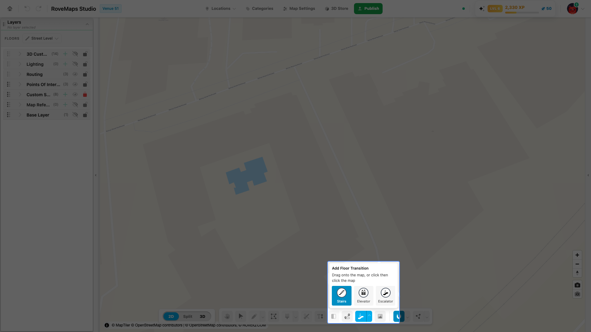 The Floor Transition Tool with its type palette open and a stairs transition placed on the map