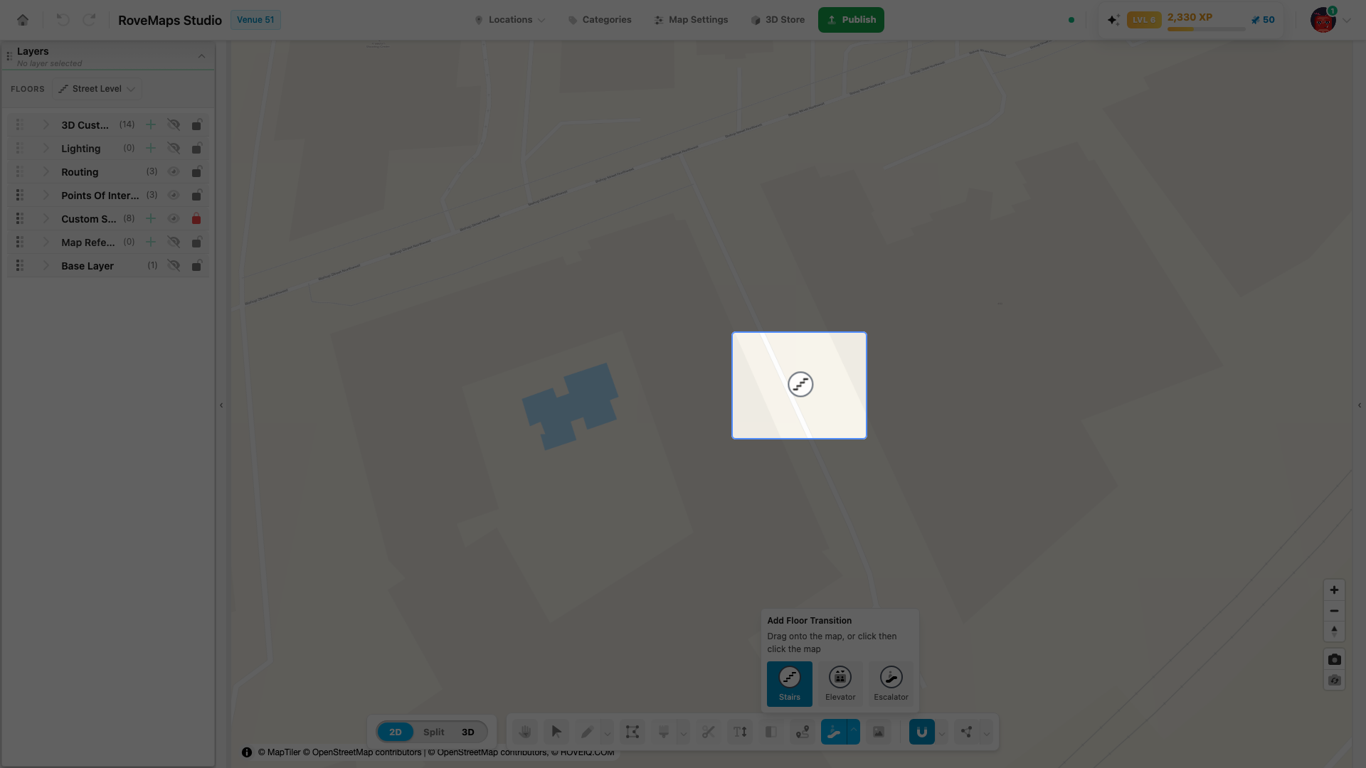 Press a type icon to arm placement — a ghost icon follows your cursor.