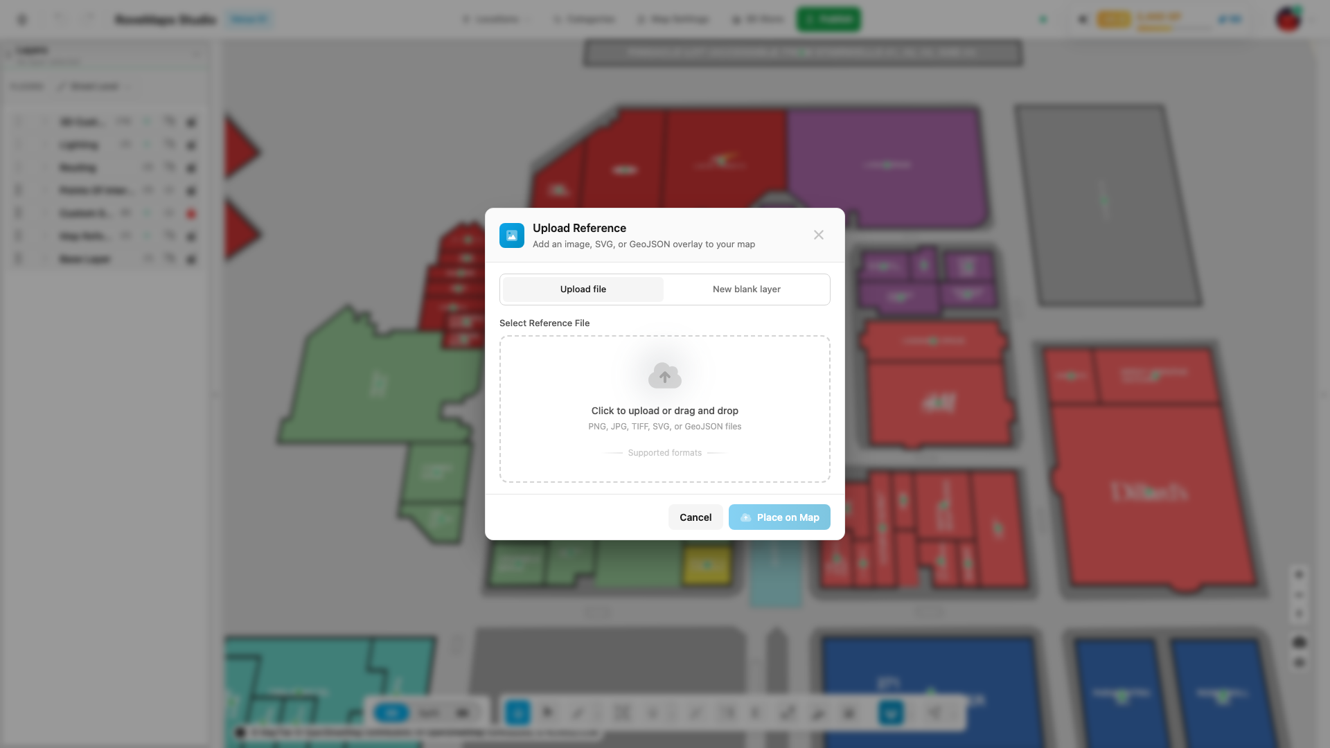 Clicking it opens Upload Reference — the same modal as the + beside Map References in the Layers panel.