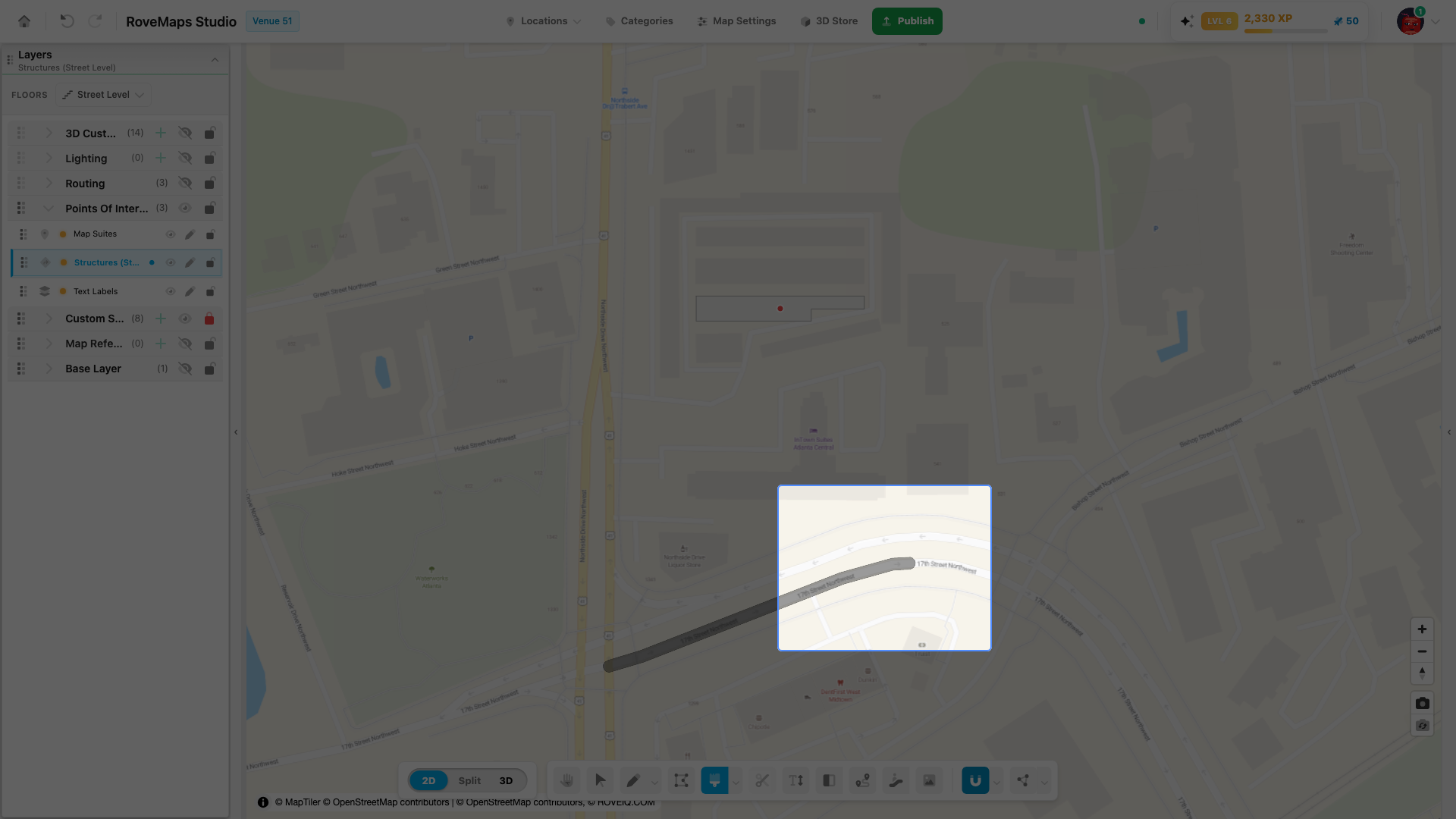 Roads are lines - the preview buffers the hovered segment into a polygon sized for its class.