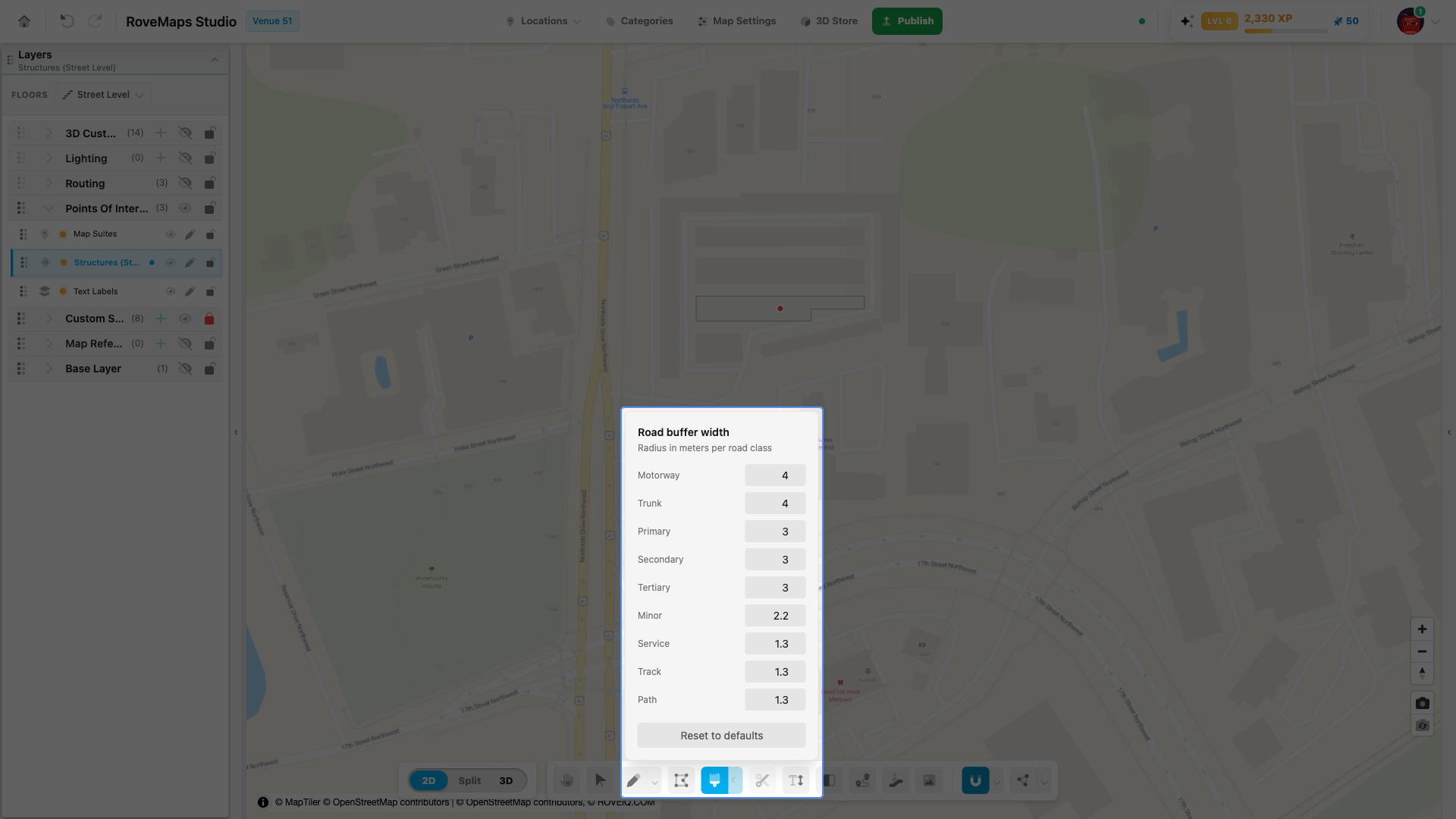 The chevron opens Road buffer width - radius in meters per class; Reset to defaults restores them.