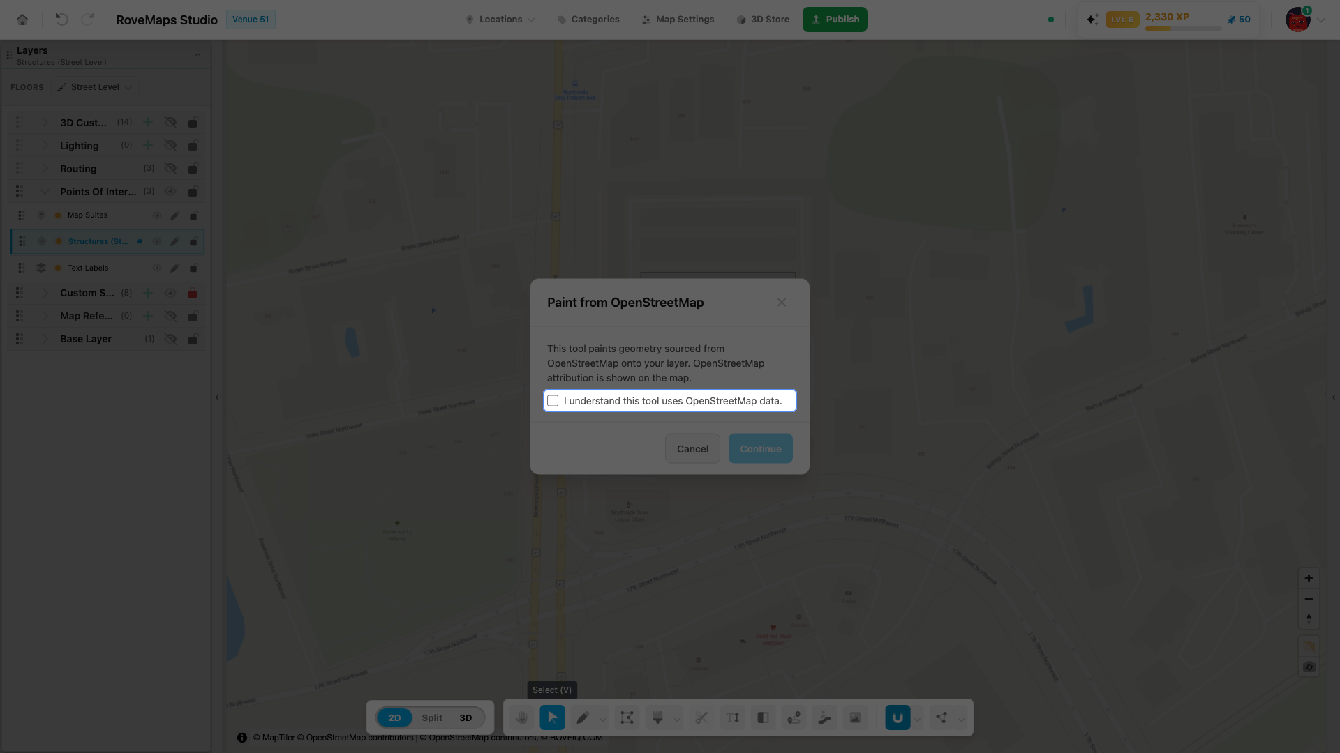 First use asks a one-time acknowledgment that painted geometry comes from OpenStreetMap.