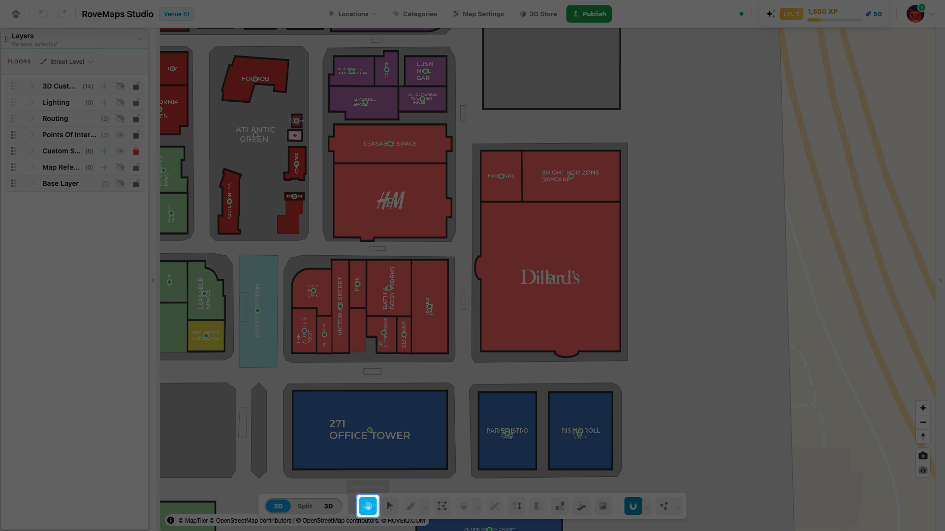 With Select + Pan (hand) active, drag anywhere on the map to pan the view.