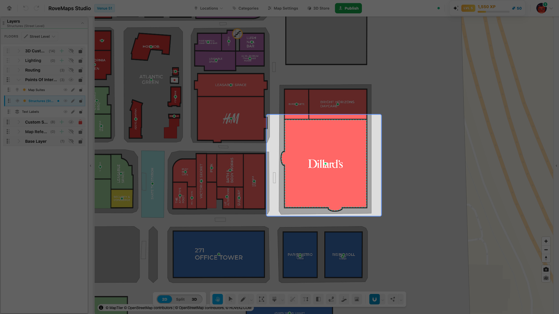 Click a feature to select it — it highlights and its details open in the selection panel.