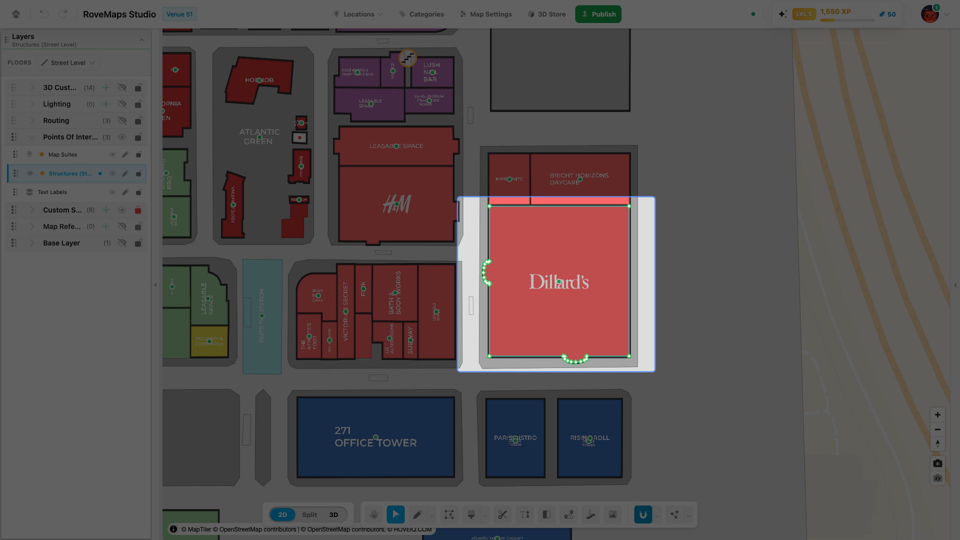 Double-click a feature to edit its outline — its vertices become draggable handles.