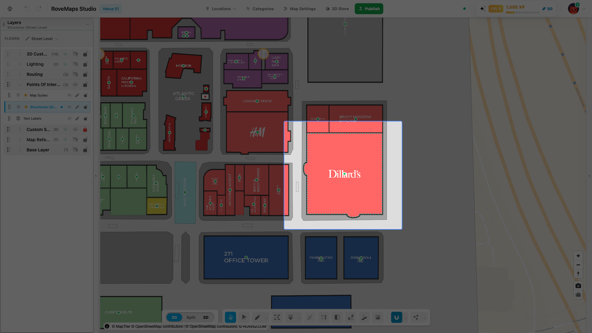 A structure selected on the map with the Direct Select tool